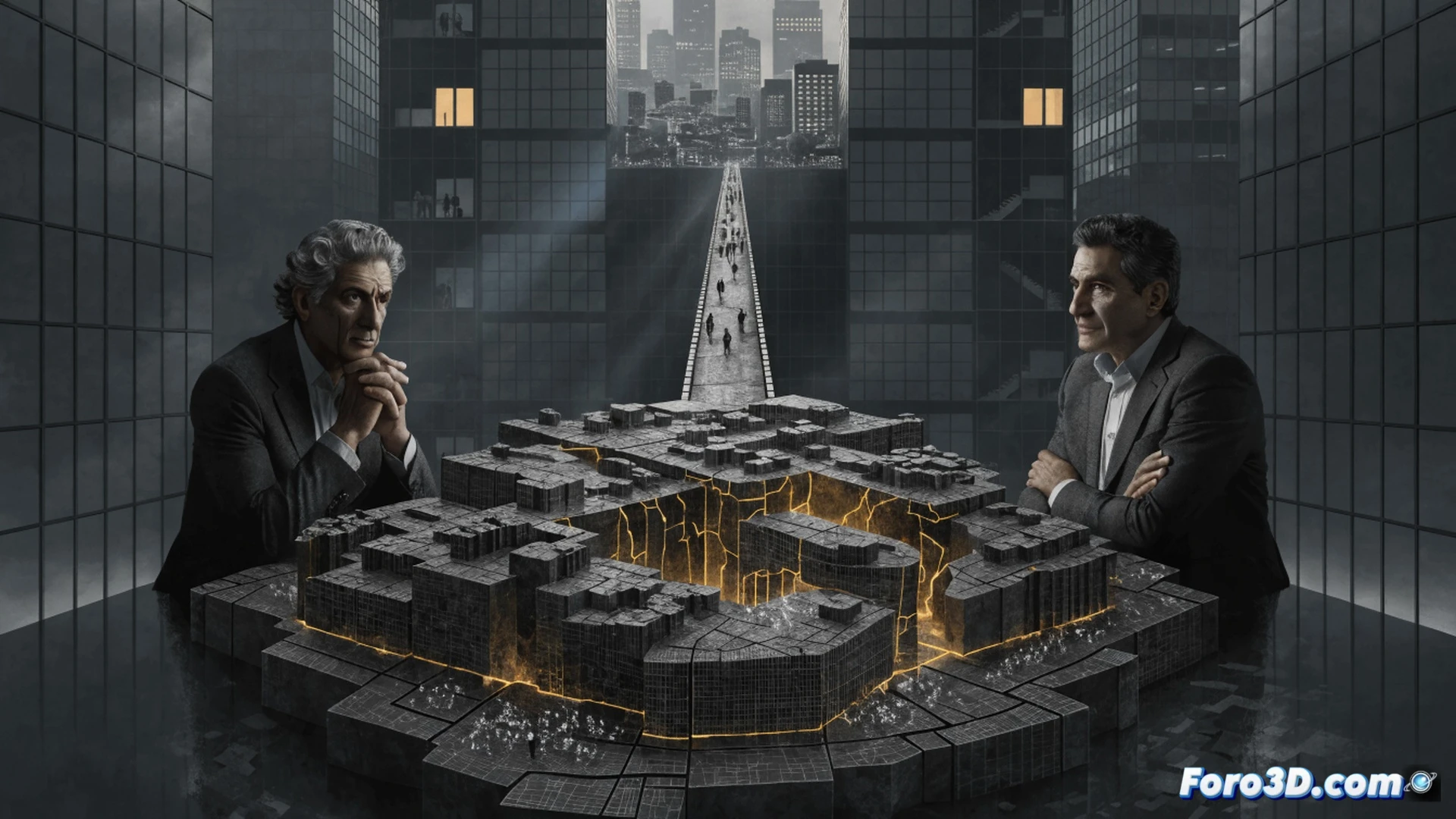 Andalusian regional government building facade at sunrise, Juanma Moreno shaking hands with national party officials on a glass balcony, political campaign strategy map of Spain projected onto a transparent screen showing a path from Seville to Madrid, server racks and digital data streams symbolizing governance infrastructure in the background, cinematic photorealistic style, dramatic golden hour lighting, polished marble floor reflecting figures, subtle motion blur on handshake action, ultra-detailed architectural elements, professional political atmosphere, high contrast shadows and highlights