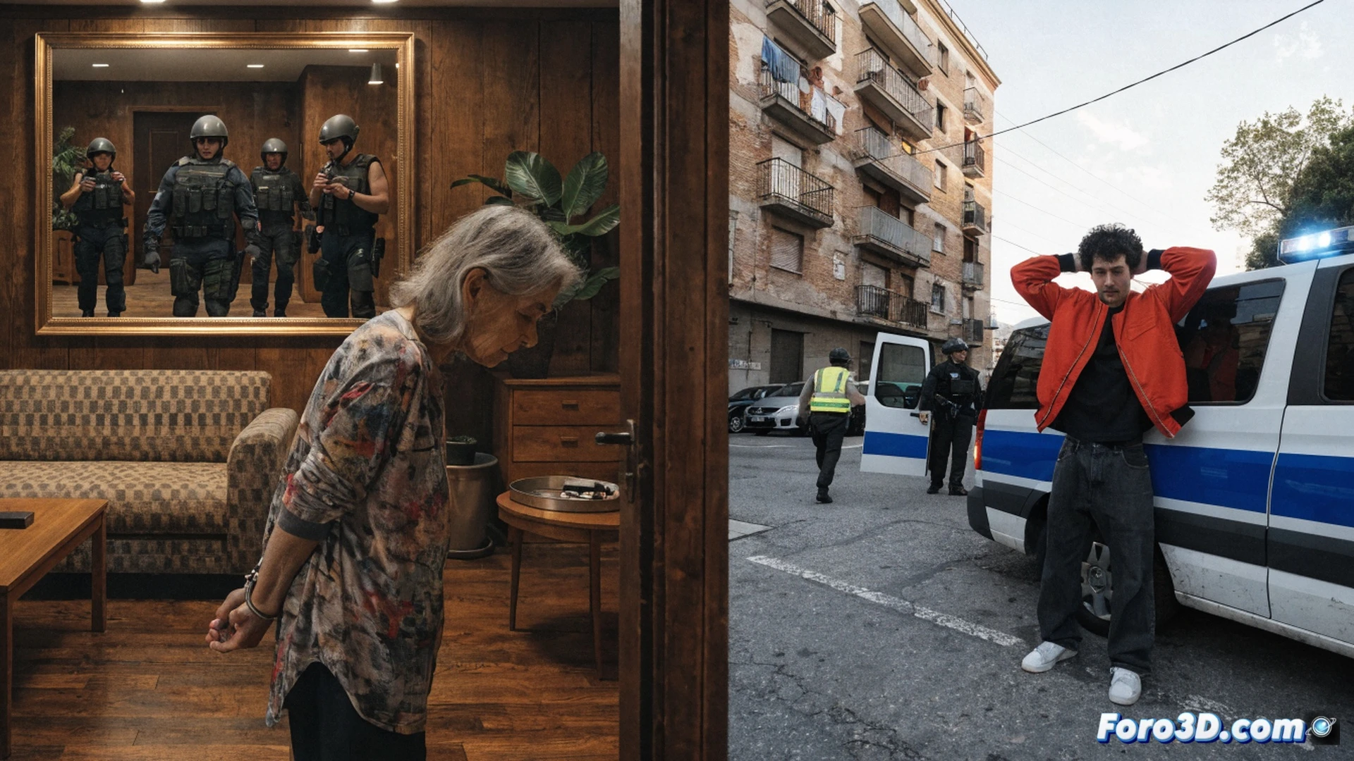 Mossos d’Esquadra officers breaking down a door of a narcopiso in a dimly lit Barcelona hallway, one agent securing a handcuffed woman aged 64 while another confiscates baggies of cocaine and crack from a coffee table, forensic team dusting for fingerprints on a rental contract next to a laptop showing property listings, cinematic photorealistic style, dramatic blue-red police lights reflecting on walls, scattered syringes and cash on floor, tactical vests and radios visible, tense action freeze-frame, hyper-detailed textures, gritty urban atmosphere