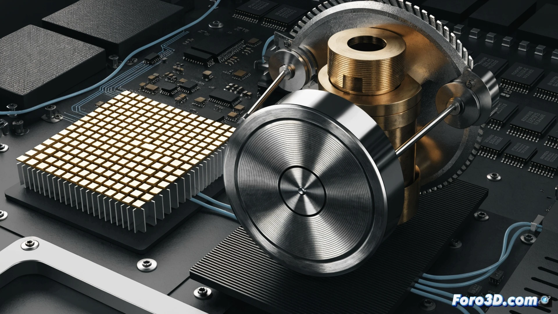 AMD Threadripper CPU mounted on open test bench, small Stirling engine positioned above the processor with glass cylinder and brass flywheel spinning visibly from waste heat, thermal camera display showing heat transfer from CPU to engine base, temperature sensor wires connected to multimeter, motion blur on rotating flywheel, metallic reflections on engine parts, dark workbench with scattered tools and cooling fans idle in background, dramatic side lighting highlighting the mechanical motion and thermal glow, ultra-detailed engineering visualization, photorealistic technical illustration