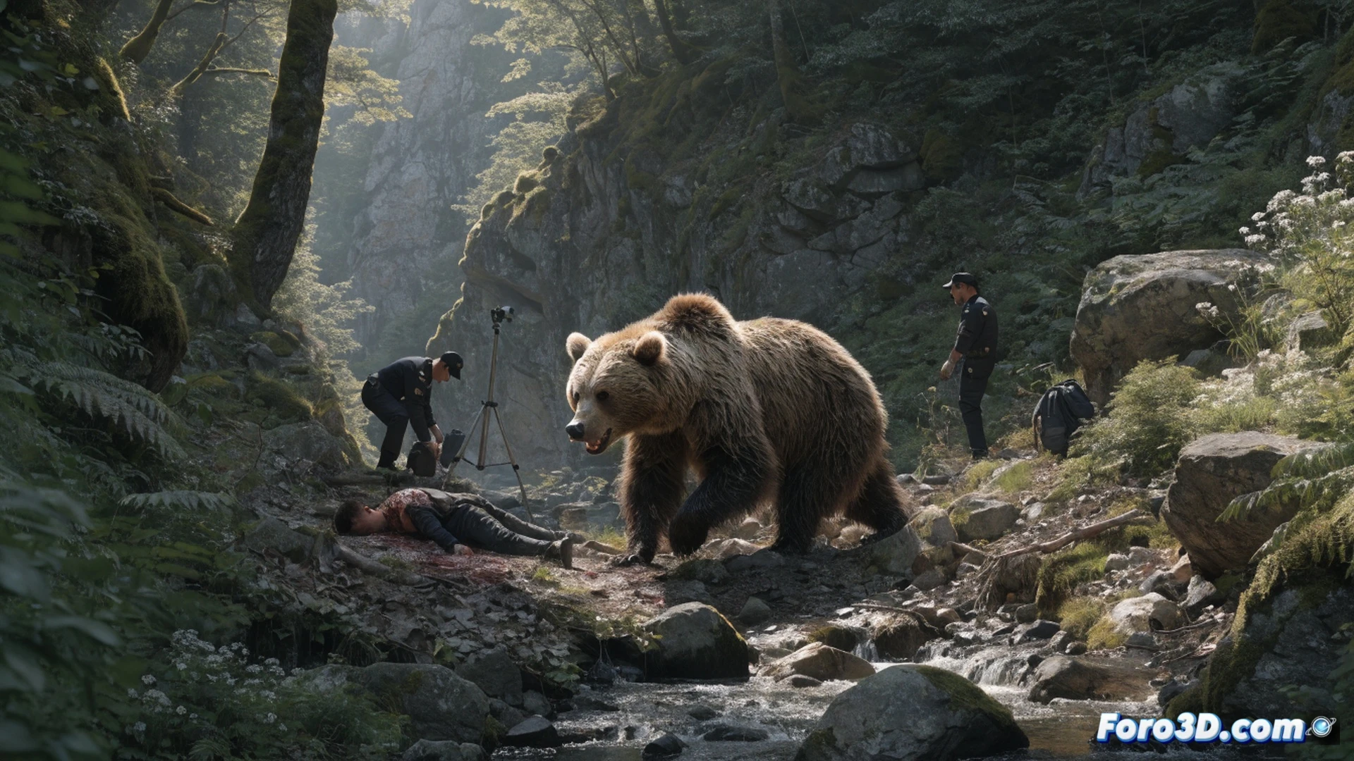 Photorealistic cinematic scene of a lone hiker on a forest trail in Aomori, dense fog between tall cedar trees, hiker holding a bear bell and trekking pole, emergency whistle attached to backpack strap, bear claw marks visible on a nearby tree trunk, broken trail marker sign on the ground, motion blur suggesting sudden movement, dramatic low-angle shot, dark green and brown color palette, wet mossy rocks, scattered hiking map on the path, tension in the air, ultra-detailed foliage, realistic lighting through canopy, technical wilderness survival visualization