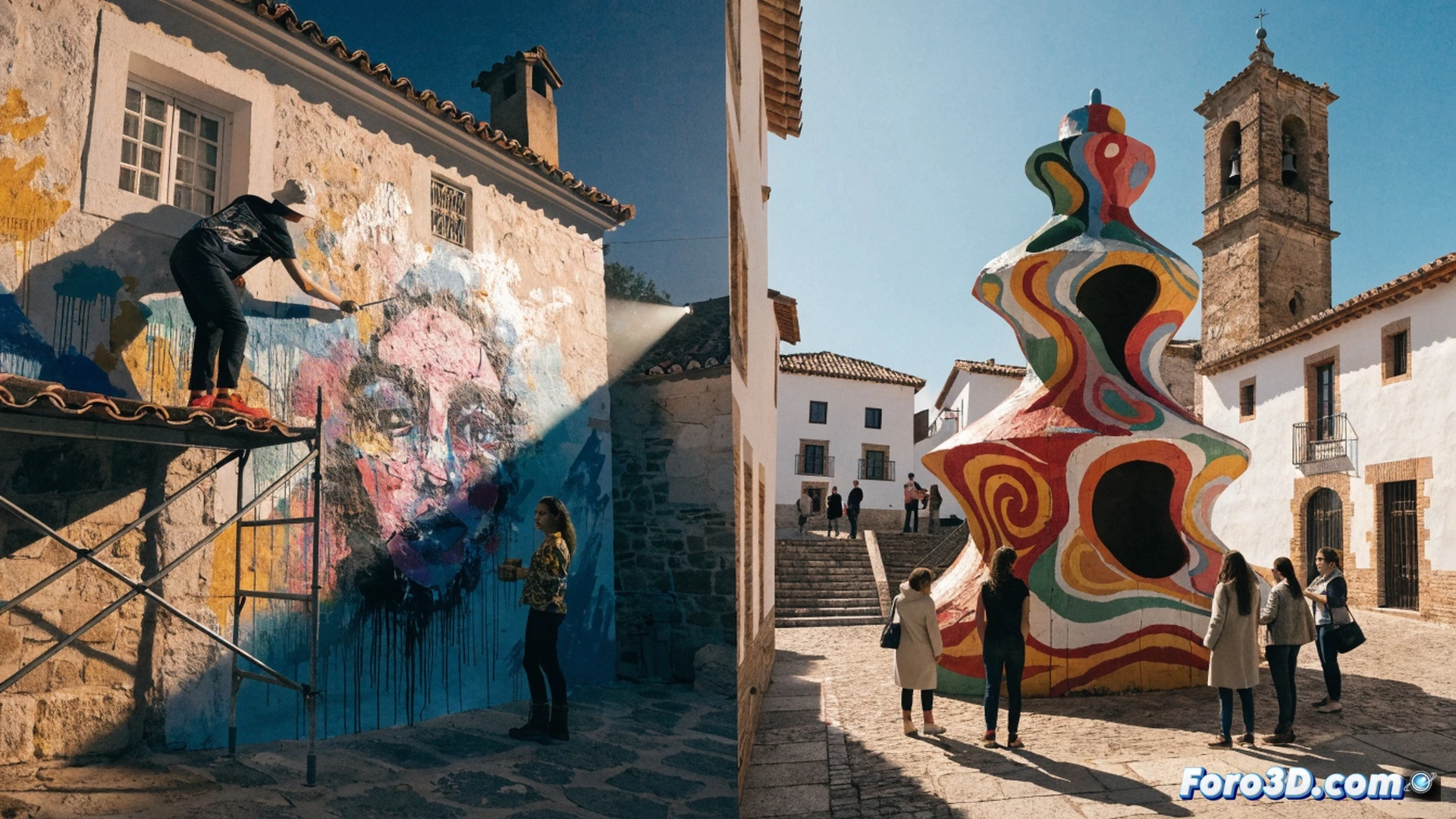 mujer artista rural pintando un mural floral vibrante en una fachada blanca de pueblo, rodillo y brochas en acción, escalera metálica apoyada contra la pared, vecinas observando y conversando mientras sostienen cubos de pintura, plaza empedrada con farola clásica, luz dorada de atardecer, graffiti técnico con patrones geométricos en proceso, dinamismo comunitario, estilo cinematográfico fotorrealista, textura rugosa de pared, sombras alargadas, ambiente festivo y cultural, ultra detallado