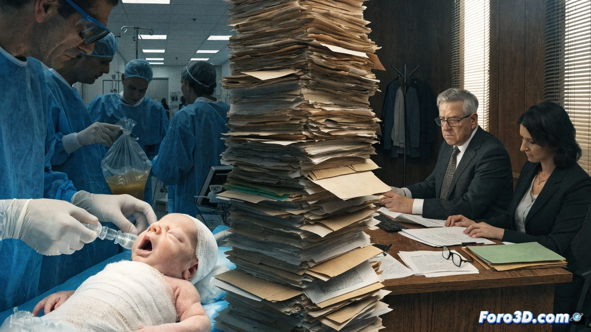 hospital emergency room scene, neonatologist stabilizing a premature newborn under blue surgical lights, heart monitor cables and oxygen tubes connected to the baby, a nurse urgently handling a digital tablet with an unfilled bureaucratic form on screen, clock on wall showing 48-hour delay, contrast between life-saving medical action and administrative paperwork, photorealistic technical illustration, cold sterile hospital lighting, focused clinical atmosphere, medical instruments visible, dramatic tension between human urgency and rigid protocol, cinematic realism