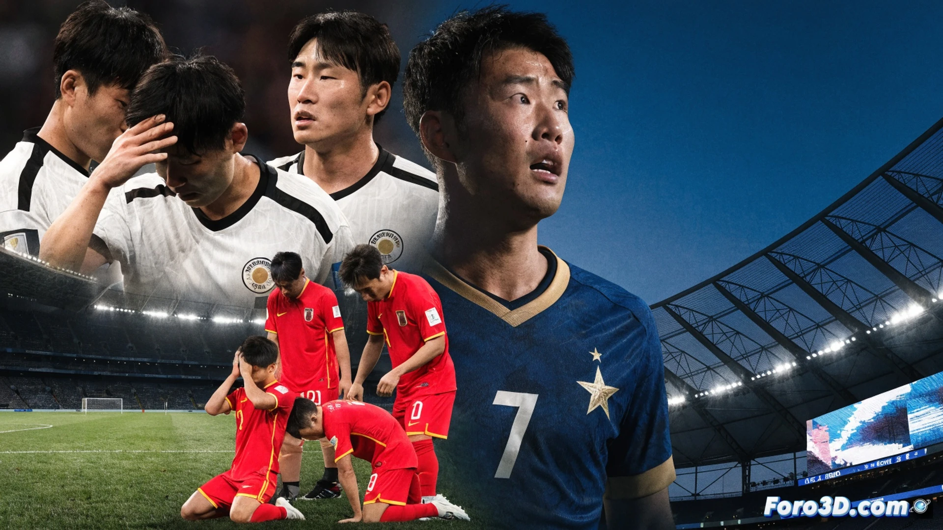 Asian football team in defensive formation during a critical World Cup match, three players from Japan and Australia visibly failing to intercept a fast-moving ball near the penalty area, tactical diagram lines fading in the background showing broken passing routes, frustrated coach on sideline gesturing to a tablet displaying player heat maps with no individual breakthroughs, cinematic photorealistic sports visualization, dramatic stadium floodlighting, sweat droplets frozen mid-air, artificial turf texture detailed, motion blur on ball trajectory, ultra-realistic player expressions of despair, technical illustration style with subtle grid overlay