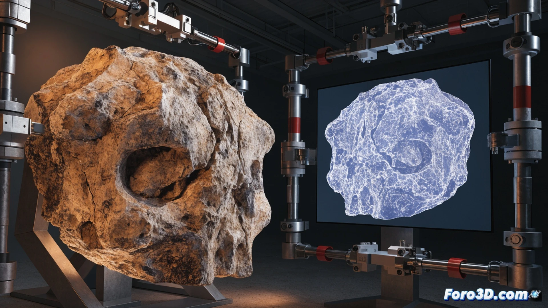 Paleontólogos escaneando fósiles con láser 3D azul en laboratorio oscuro, huesos de dinosaurio rotos sobre mesa metálica, brazo robótico rotando un cráneo parcial mientras cámara de alta resolución captura texturas microscópicas, pantalla flotante mostrando malla poligonal detallada del fósil, estanterías metálicas con cajas etiquetadas al fondo, herramientas de calibración y software de modelado abierto en monitor, luces LED frías iluminando polvo fosilizado, estilo cine documental científico, realismo fotográfico, profundidad de campo reducida, reflejos metálicos en instrumental quirúrgico de precisión