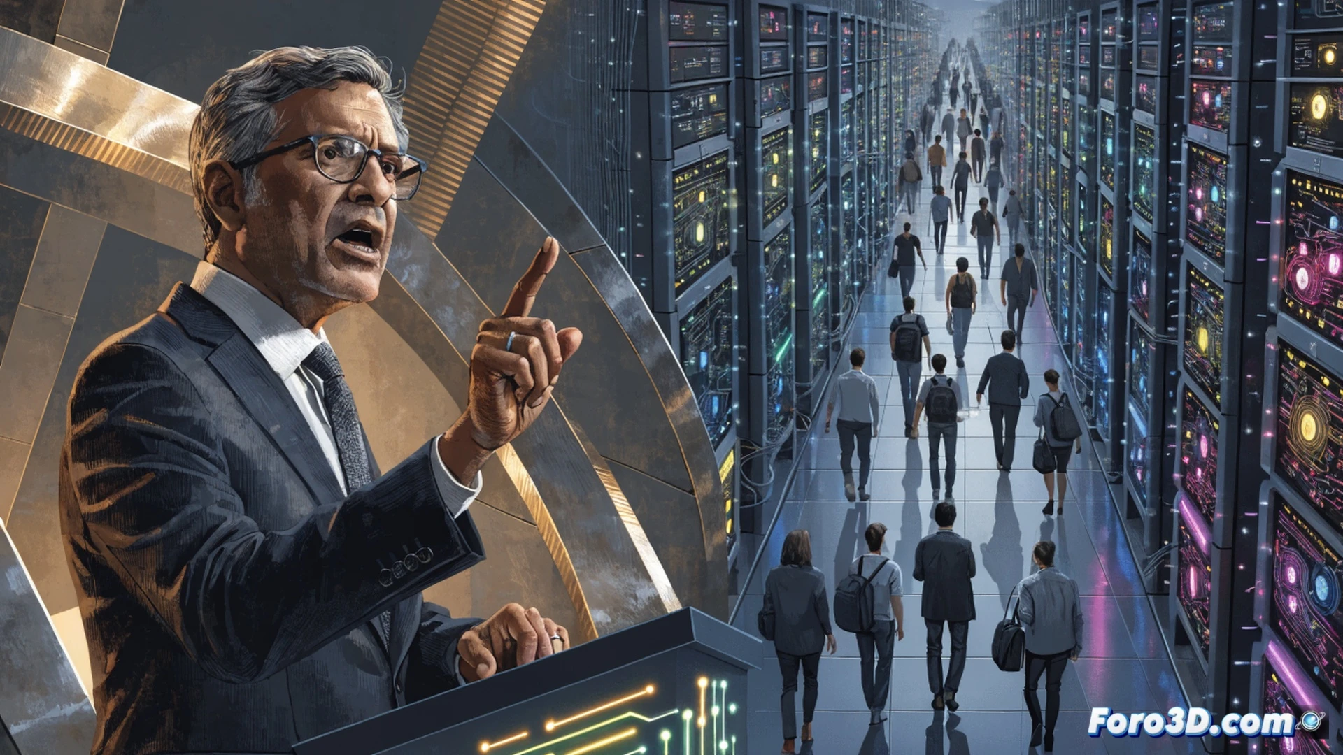 Satya Nadella stands at a podium gesturing toward a glowing AI network diagram, while behind him a massive digital screen shows rows of empty office desks fading into darkness, severed cables dangling from cubicle partitions, a robotic arm unplugging a workstation, cinematic photorealistic visualization, cold blue corporate lighting contrasting with warm sunset through windows, dust particles suspended in still air, polished floor reflecting the contradiction, ultra-detailed glass and metal textures, dramatic wide-angle composition, technical office environment render