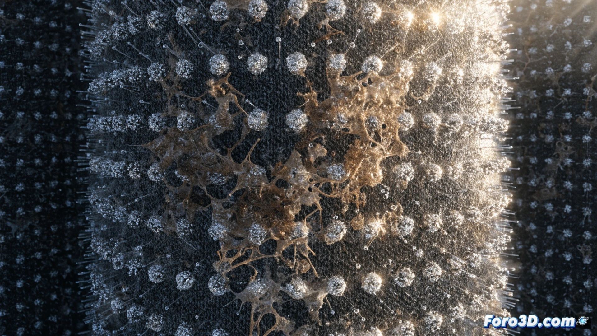 nanotejido autolimpiable bajo luz solar, fibra textil con nanopartículas de dióxido de titanio reaccionando a rayos ultravioleta, mancha orgánica de café descomponiéndose en la superficie hidrofóbica durante la exposición al sol, gotas de agua rodando sin absorber, proceso químico visible como partículas brillantes eliminando suciedad, detalle microscópico de fibras con estructura técnica, iluminación natural intensa, estilo cinematográfico fotorrealista, render de ingeniería de materiales