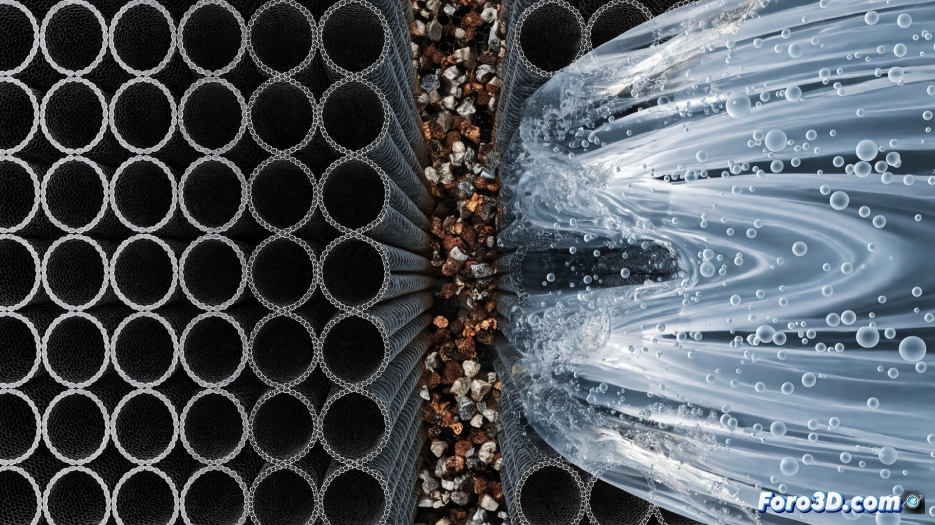 cross-section of a filtration membrane showing aligned carbon nanotubes as precise vertical channels, water molecules flowing rapidly through nanotube openings while heavy metal ions and virus particles are blocked at the surface, glowing blue water streams passing through, red contaminants trapped and bouncing off the nanotube entrance, technical engineering visualization, photorealistic render, dramatic side lighting highlighting the nanotube array, molecular-scale detail with metallic carbon structure, clean industrial background, ultra-sharp focus on the filtration action