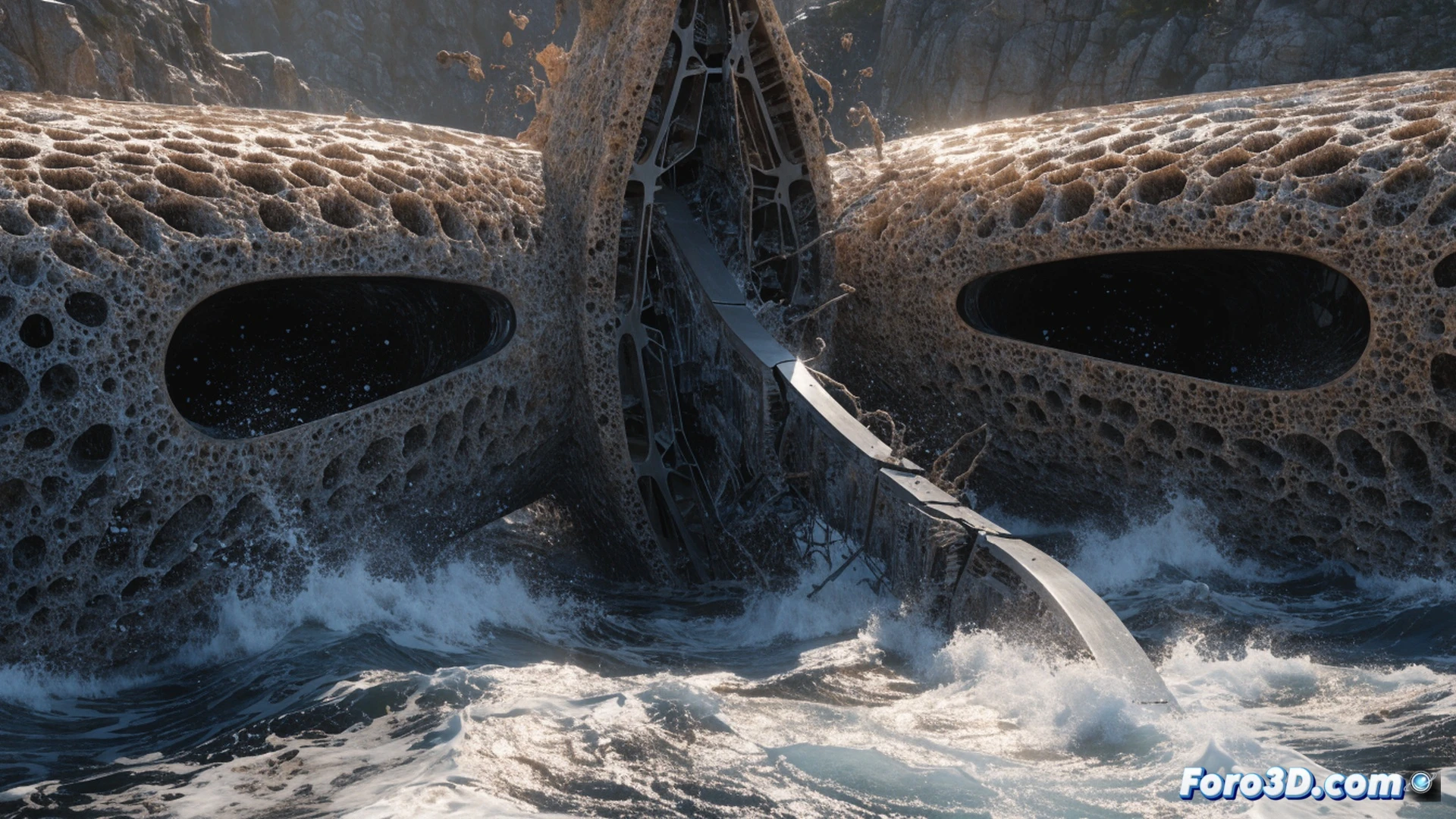 catamaran stern breaking apart in rough ocean, composite rudder bracket fractured along fatigue striations, metallic support arm snapped under high-cycle loading, saltwater spray hitting cracked weld lines, motion sensors and actuators dangling loose, autonomous sampling equipment still mounted but damaged, realistic ocean waves crashing against hull, cinematic engineering visualization, photorealistic technical render, dramatic storm lighting, detailed fracture surface with granular texture, mechanical failure analysis scene