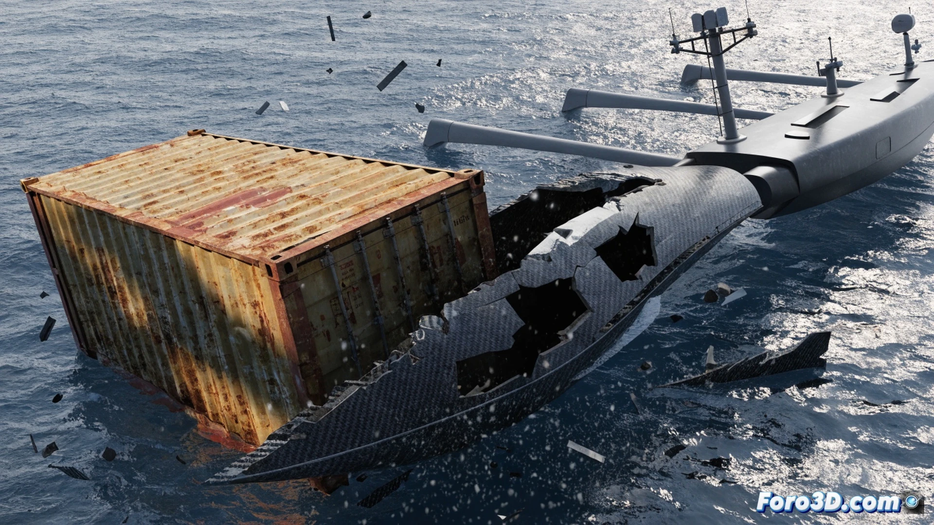 trimaran oceanographic vessel losing carbon fiber daggerboard after impact with drifting shipping container, container half-submerged in rough sea, composite debris fragments scattering underwater, 3D wireframe overlay showing stress fracture points and collision simulation data, engineering visualization style, photorealistic ocean surface with foam and spray, dramatic side lighting from low sun, hull splintering at impact zone, blue-green water transparency revealing broken carbon weave, realistic material wear on container rust patches, cinematic technical illustration, ultra-detailed composite textures