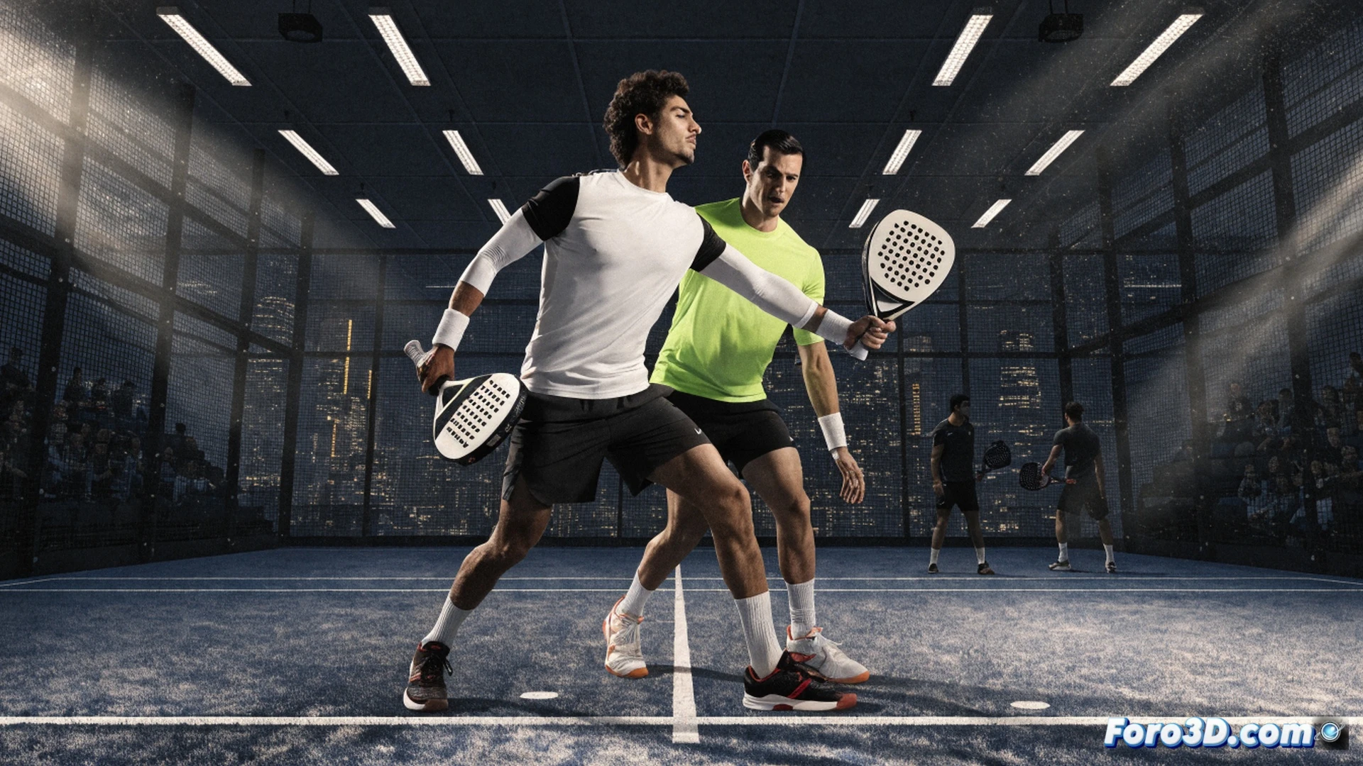 Navarro y Di Nenno ejecutando un smash coordinado en la red, palas de carbono impactando la bola con efecto liftado, oponentes Tapia y Coello retrocediendo en defensa, pista de pádel con cristales templados y césped artificial, marcador electrónico mostrando punto decisivo, sudor visible en las muñequeras técnicas, luz de estadio creando sombras dramáticas, estilo cinematográfico photorealistic, acción congelada en el momento del golpe, vibración de las cuerdas de la pala, fondo de graderío con aficionados borrosos