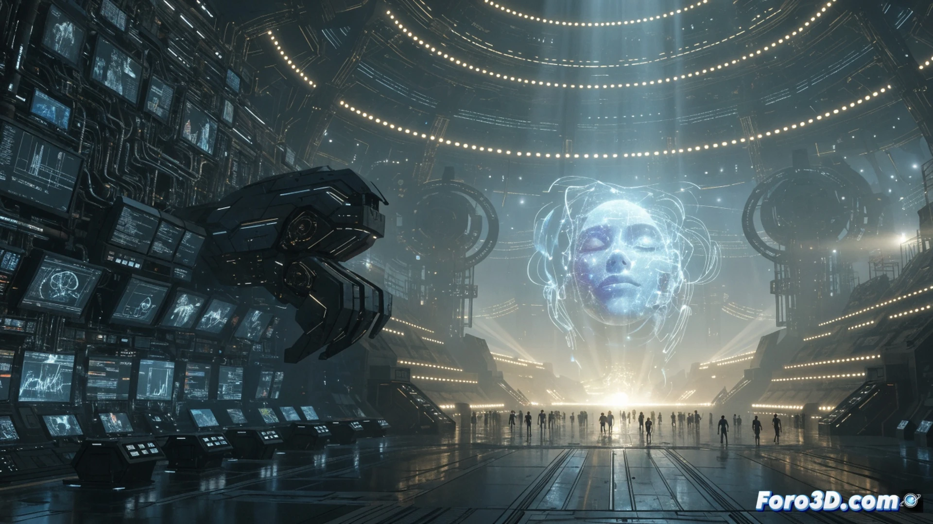NBCUniversal executive team standing in a futuristic game development studio, multiple holographic screens displaying game engine interfaces and 3D character models, developers adjusting VR headsets while testing a new open-world environment, split-screen showing live gameplay alongside streaming metrics, cinematic photorealistic style, dynamic blue and neon lighting, controllers and motion capture suits on workstations, dramatic shadows from overhead grid lights, ultra-detailed tech equipment, sleek modern architecture with glass walls, action of creative process demonstrated during digital production