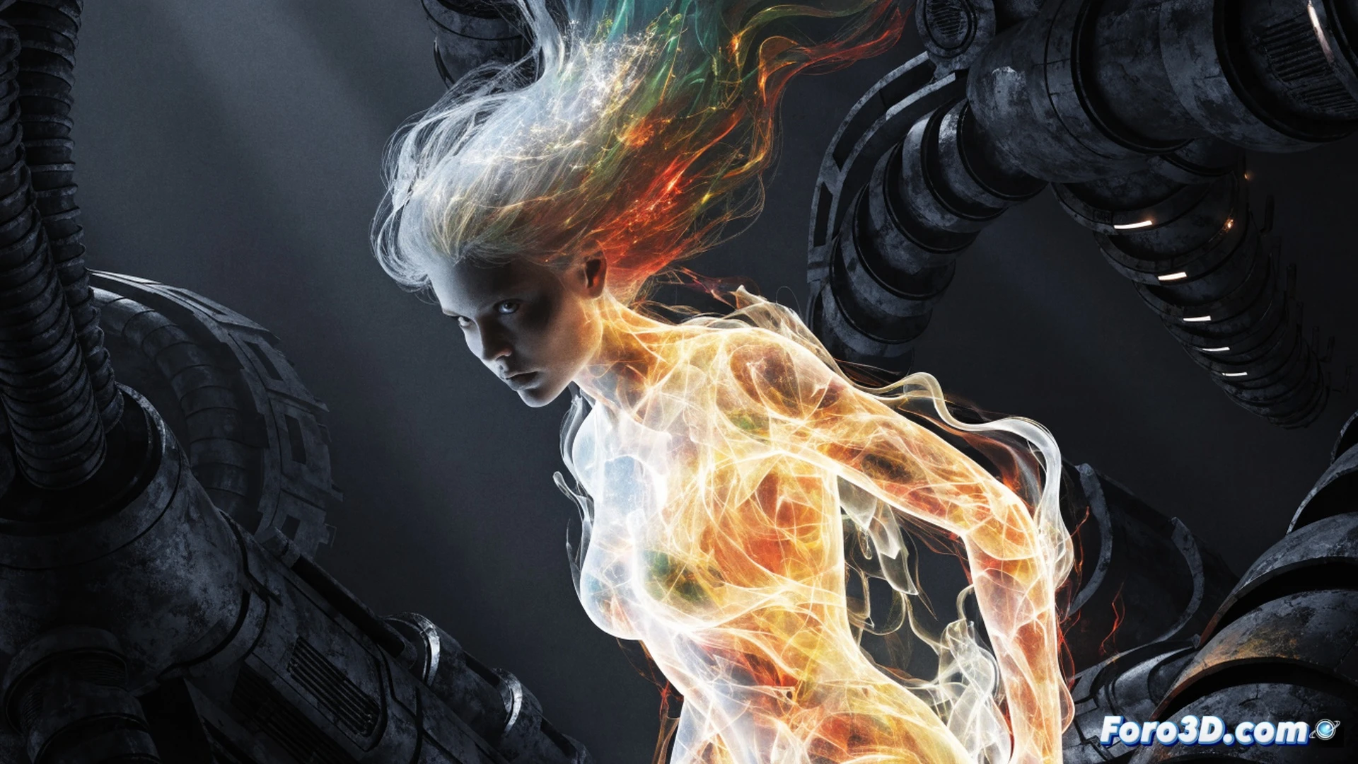 Negative Woman intangible radioactive form phasing through a crumbling Soviet laboratory wall, green energy crackling around her translucent body, glowing particles dispersing from her form while old computer terminals and oscilloscopes spark behind her, cinematic superhero action scene, dramatic low-angle shot, eerie green and grey color palette, volumetric lighting through radioactive haze, detailed concrete texture and broken glass, photorealistic comic book aesthetic, dynamic motion blur on her trailing energy signature, abandoned cold war tech atmosphere