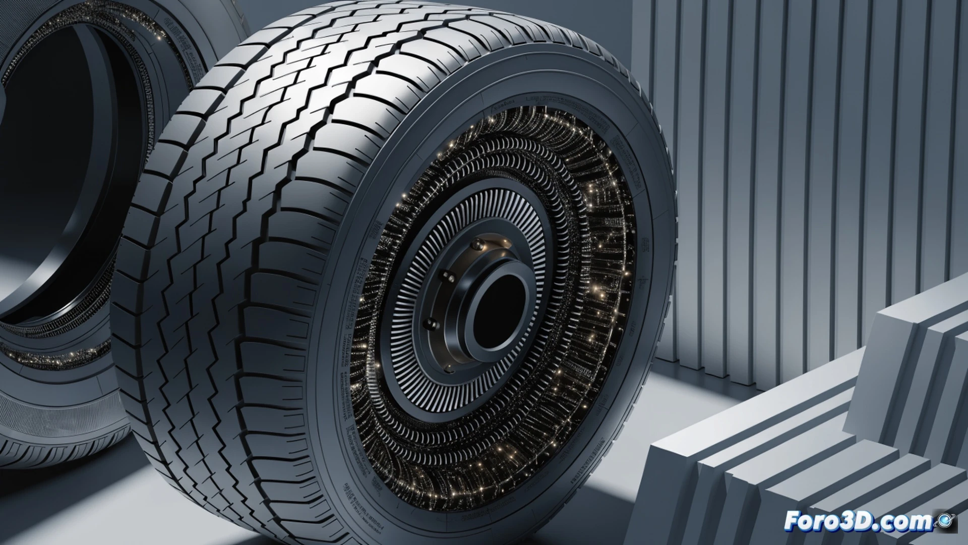 Car tire sidewall cross-section during rotation, rubber deforming against road surface, internal piezoelectric material strips flexing and generating electrical current, glowing energy pulses traveling through embedded wires toward a TPMS sensor module, technical engineering visualization, cutaway view showing layered rubber compounds and micro-generator components, motion blur on tread surface, bright orange and blue energy flow lines, realistic material textures, photorealistic industrial render, dramatic side lighting emphasizing mechanical detail