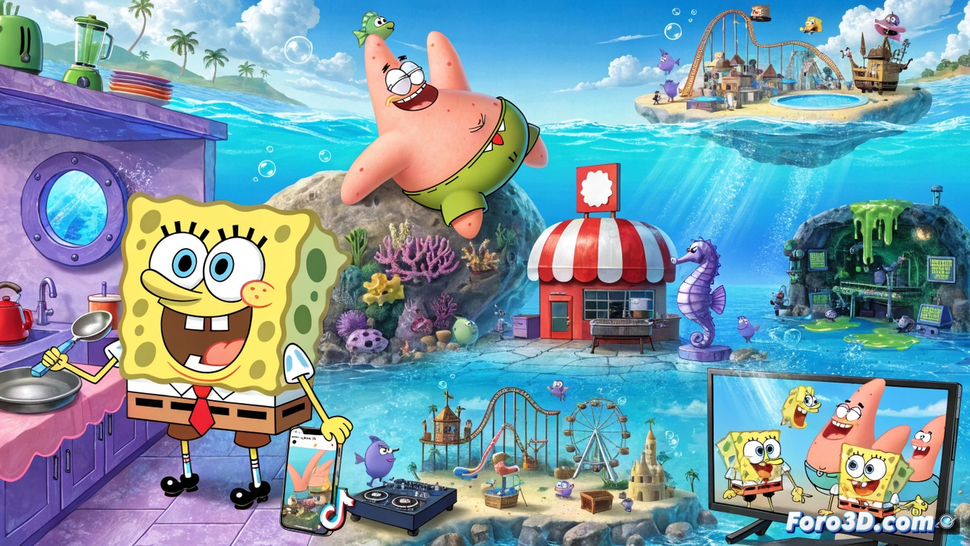 Underwater pineapple house interior, SpongeBob SquarePants holding a TV remote while a glowing TikTok live icon floats above his head, Roblox game interface projected on a jellyfish-shaped screen, new action figures being unwrapped by Patrick Star, technical illustration style, bright cartoon lighting, clean vector aesthetic, digital device screens showing streaming interface, toy packaging with visible plastic clamshell, family silhouettes watching from a coral sofa, flat lay composition with layered depth, sharp focus on interactive elements, vibrant ocean colors, no text or numbers visible