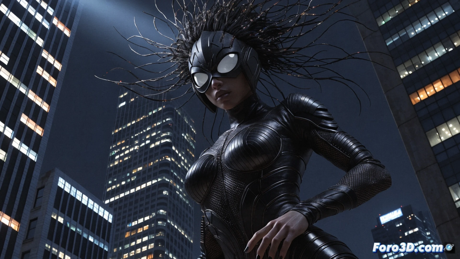 Night Girl superheroine floating in shadowy space station corridor, glowing purple aura around her fists as she punches a steel bulkhead, visible dent forming in the metal surface, broken control panels sparking nearby, her dark blue costume with star motifs contrasting against dim emergency lighting, cinematic comic book style, dramatic low-angle shot, dust particles suspended in air, mechanical debris scattering during impact, retro-futuristic sci-fi interior with exposed wiring and riveted panels, realistic fabric folds on her cape, photorealistic digital painting, high contrast chiaroscuro lighting