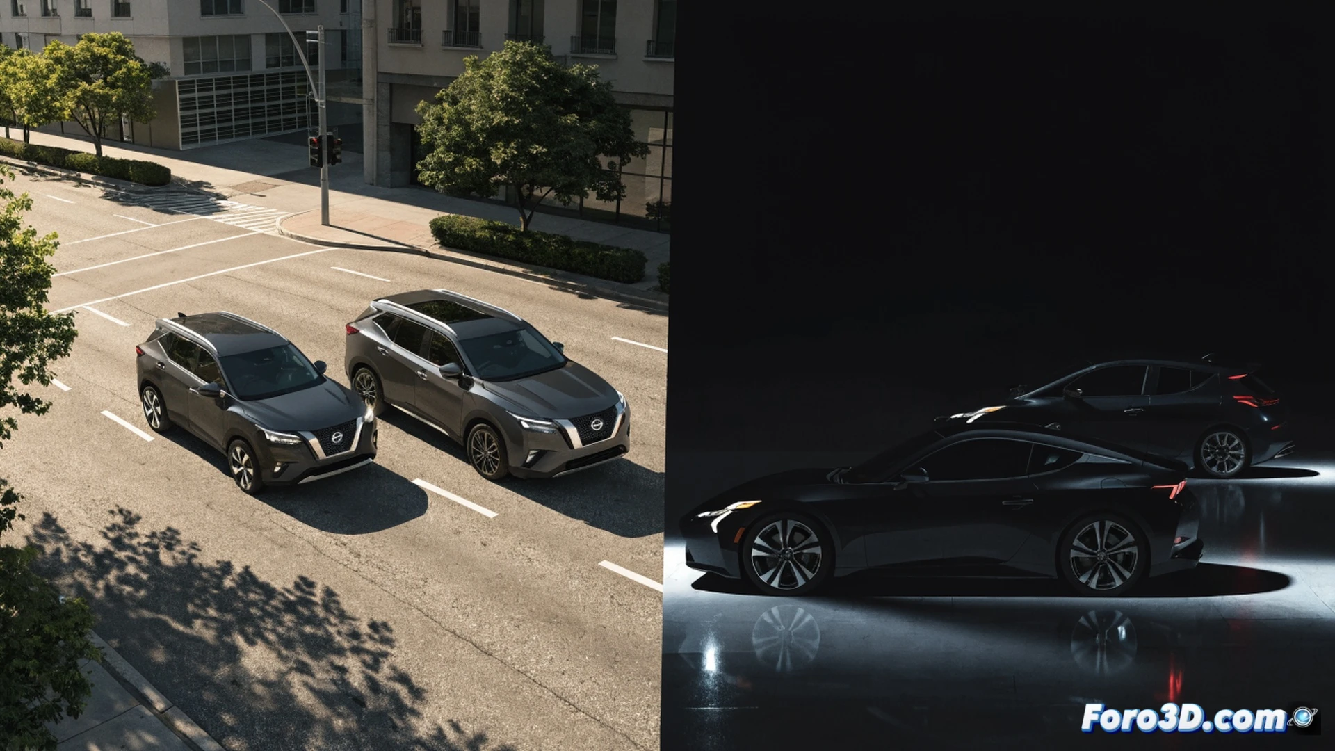 Nissan Rogue y Pathfinder en primer plano con compradores familiares, mientras un Nissan Z rojo y un Leaf azul se desvanecen al fondo con flechas de descenso, gráfico de barras mostrando caída del 50% y 36%, concesionario iluminado, vendedores interactuando, demostración digital de ventas en tabletas, pantallas de inventario con modelos populares destacados, estilo cinematográfico técnico, iluminación contrastante entre éxito y declive, render fotorrealista de ingeniería automotriz