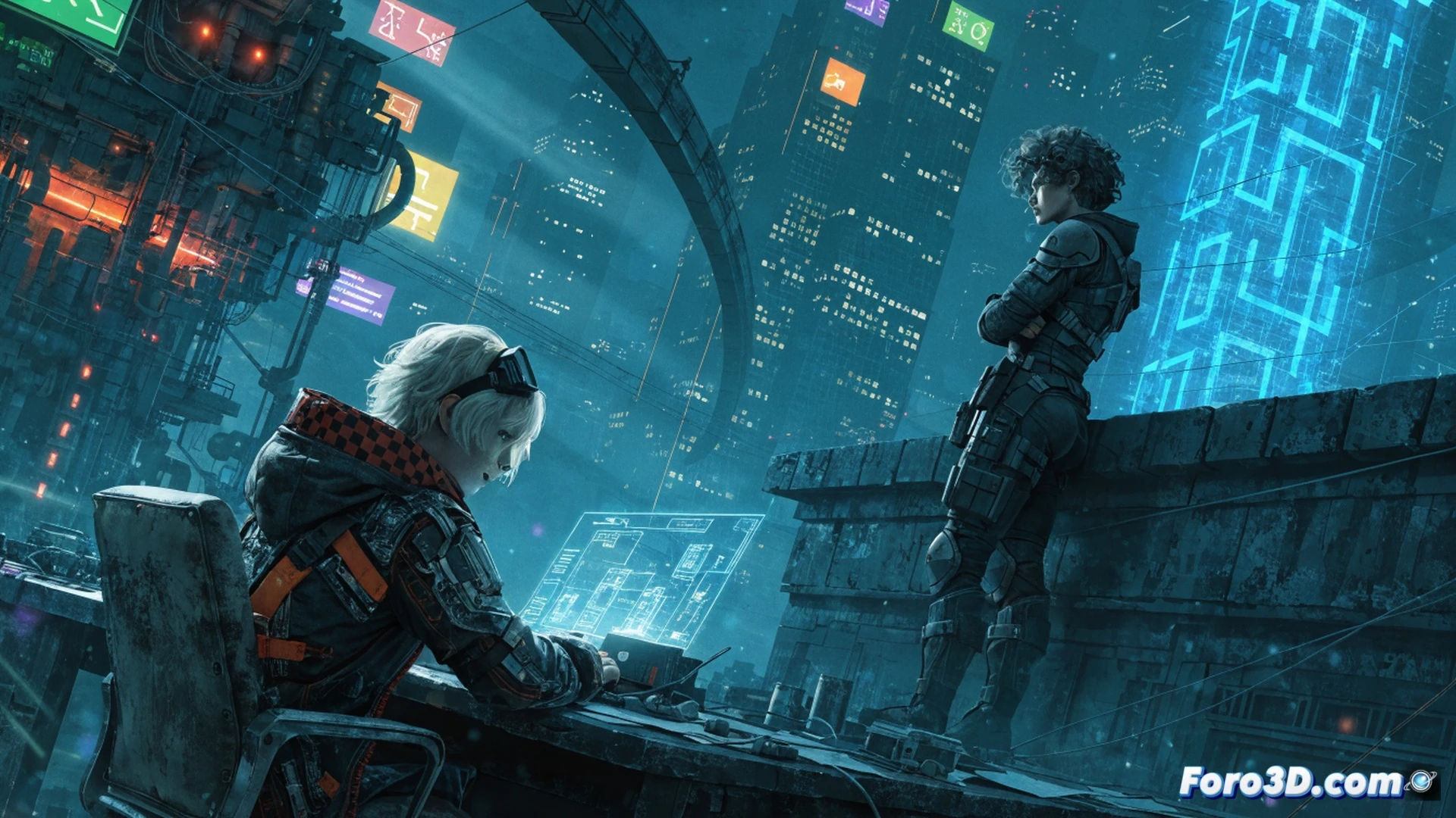 Cyberpunk street-level storefront assembly process, neon-lit holographic sign being installed above a glass-fronted shop, character adjusting wiring with a multi-tool while rain streaks down the window, inside visible cozy furniture and potted plants, distopian city skyline blurred in background, glowing cyan and magenta reflections on wet asphalt, cinematic engineering visualization, high-contrast urban lighting, detailed mechanical fixtures and exposed circuit boards, photorealistic technical render