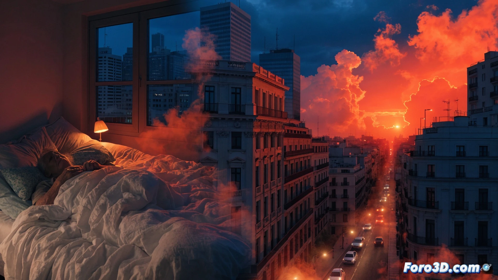 thermal satellite map of Spain at midnight showing red zones over Basque Country, Cantabria and Andalusia, digital thermometer displaying 30°C minimum, elderly person trying to sleep with portable fan, child sweating on bed, infrared heat waves radiating from urban buildings, cinematic photorealistic visualization, night cityscape with glowing orange heat signatures, medical alert icon overlaying vulnerable figures, fan blades spinning in slow motion, condensation droplets on glass window, dramatic emergency lighting, ultra-detailed urban texture, technical climate illustration