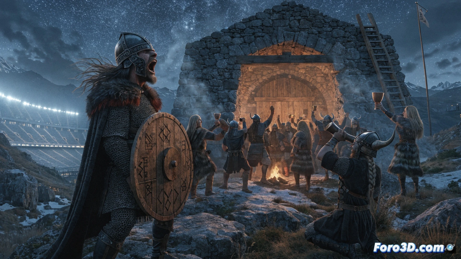 Cinematic scene of a Viking warrior standing on a frozen fjord, raising a glowing rune-carved battle axe toward a stormy sky, while a modern football goal net burns behind him in cold blue flames. Around him, a crowd of Nordic warriors in fur armor roar while holding shields emblazoned with a faded Brazilian flag being torn apart by wind. In the background, a giant digital screen displays a real-time 3D world map with a glowing red X over Brazil and a green check over Norway. The ground is cracked ice, revealing molten orange light underneath, symbolizing global shock. Dramatic low-angle shot, photorealistic cinematic render, epic lighting, frost particles in air, ultra-detailed textures.