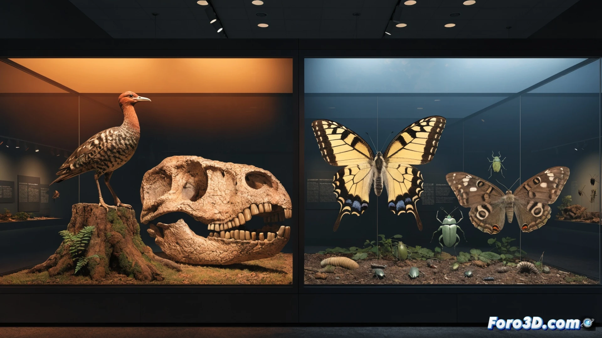 Museo Smithsonian de Historia Natural con vitrinas iluminadas mostrando 600 objetos diversos, visitantes observando fósiles de dinosaurios y especímenes de aves en peligro, un curador señalando la recuperación de la guam rail durante un recorrido, exhibición gratuita From These Lands, estilo cinematográfico y fotorealista, iluminación cálida de galería, vitrinas de vidrio reflectando luces, multitud diversa interactuando con pantallas táctiles, biodiversidad americana en primer plano, detalles nítidos de texturas de insectos y rocas, atmósfera educativa vibrante