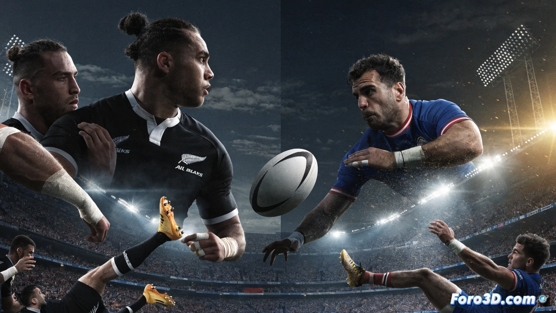 All Blacks scrum-half passing under pressure from French flanker, muddy grass flying from cleats during final minutes, stadium floodlights casting sharp shadows on saturated turf, sideline coaches with tablets analyzing live match data, rugby ball mid-spiral with motion blur, intense facial expressions, photorealistic sports visualization, dramatic golden-hour lighting, sweat droplets frozen in air, dynamic camera angle low to ground, HDR cinematic atmosphere, ultra-detailed player kit textures