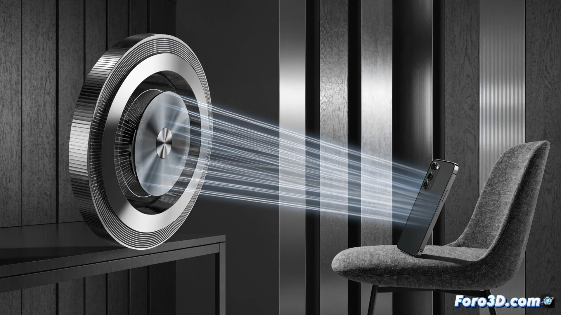 wireless charging device on a minimalist desk, smartphone floating three meters away receiving energy beam, translucent radio frequency waves arcing from central transmitter to phone, smart home devices glowing faintly in background, clean white apartment interior with soft shadows, cinematic technical illustration, blue and silver metallic gadget with visible internal antenna coils, energy transfer visualized as luminous blue particle streams, dust particles illuminated in beam path, modern furniture, photorealistic engineering visualization, subtle motion blur on phone screen indicating charging status, dramatic top-down lighting