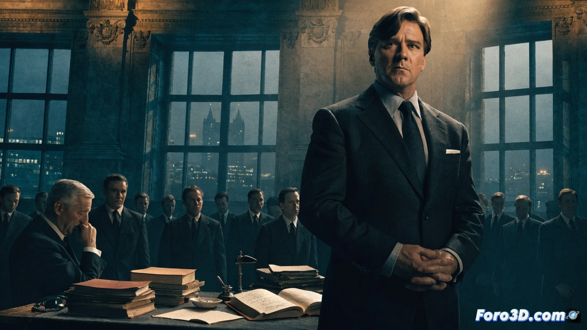 Russell Crowe as prosecutor in a 1940s courtroom, pointing at Nazi defendants while holding a legal document, judges and soldiers observing, cinematic photorealistic style, dramatic shadows from high windows, wooden benches and microphones on desks, period-appropriate uniforms and suits, intense facial expressions, warm amber lighting contrasted with cold blue tones, motion blur in background figures, 35mm film grain texture, historical drama aesthetic, ultra-detailed fabric textures and wooden courtroom interior