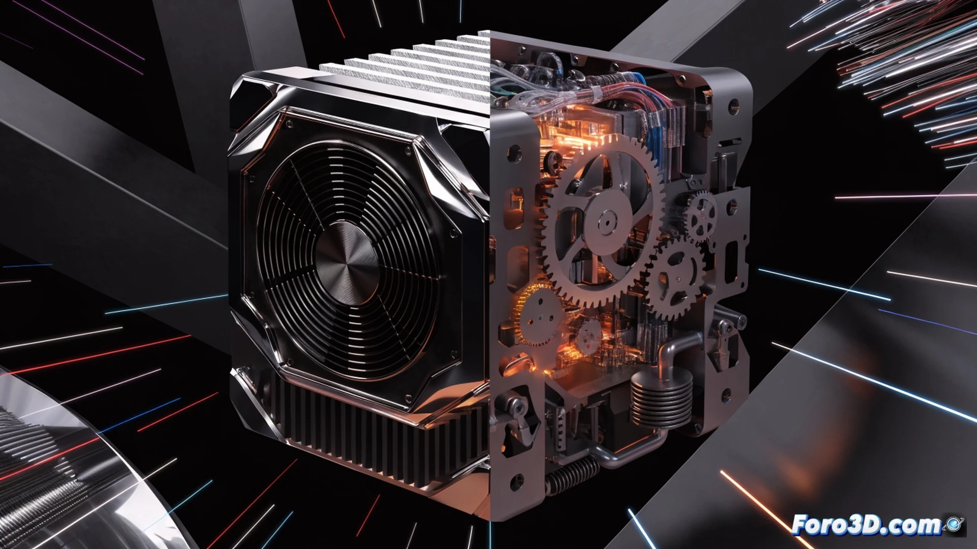 Photorealistic cinematic scene of a GPU chip production line, a robotic arm placing a glowing NVIDIA chip into a server rack while transparent digital currency symbols flow from the chip into a corporate vault labeled with AI startup logos, small consumer figures at the bottom pushing dollar bills into the machine unaware that their payments are redirected to cover financial risks, the chip surface showing microscopic circuit traces morphing into chain links, dramatic industrial lighting with blue and orange contrasts, ultra-detailed mechanical components, dark metallic factory environment, smoke and sparks adding tension, high-contrast technical visualization