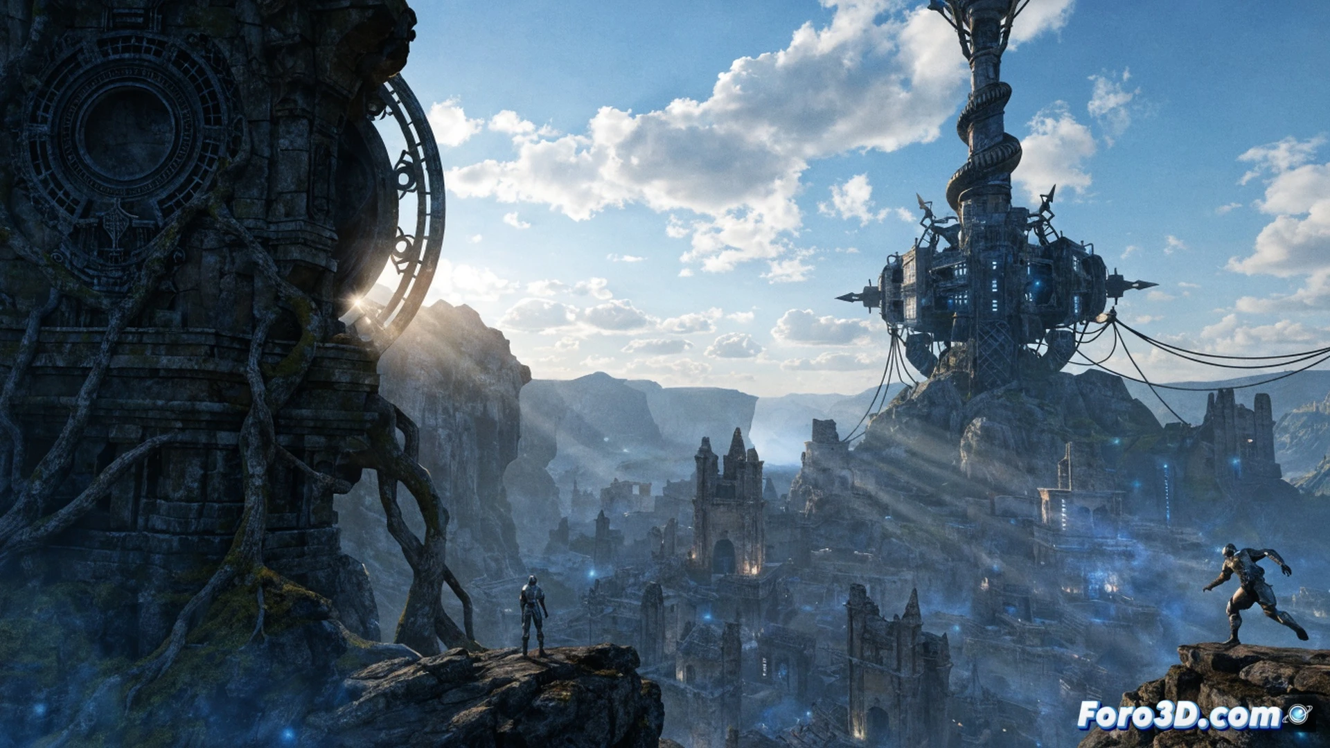 Nintendo Switch 2 console displaying Oblivion remastered gameplay scene, 4K resolution and 60 FPS performance indicator shown via technical overlay, character in Imperial armor casting a spell near a ruined Ayleid archway, volumetric god rays streaming through trees, grass and stone textures with high-definition detail, realistic shadows and reflections on water surface, cinematic fantasy lighting, photorealistic technical illustration, console hardware beside dock station, heat dissipation vents visible, engineering visualization style
