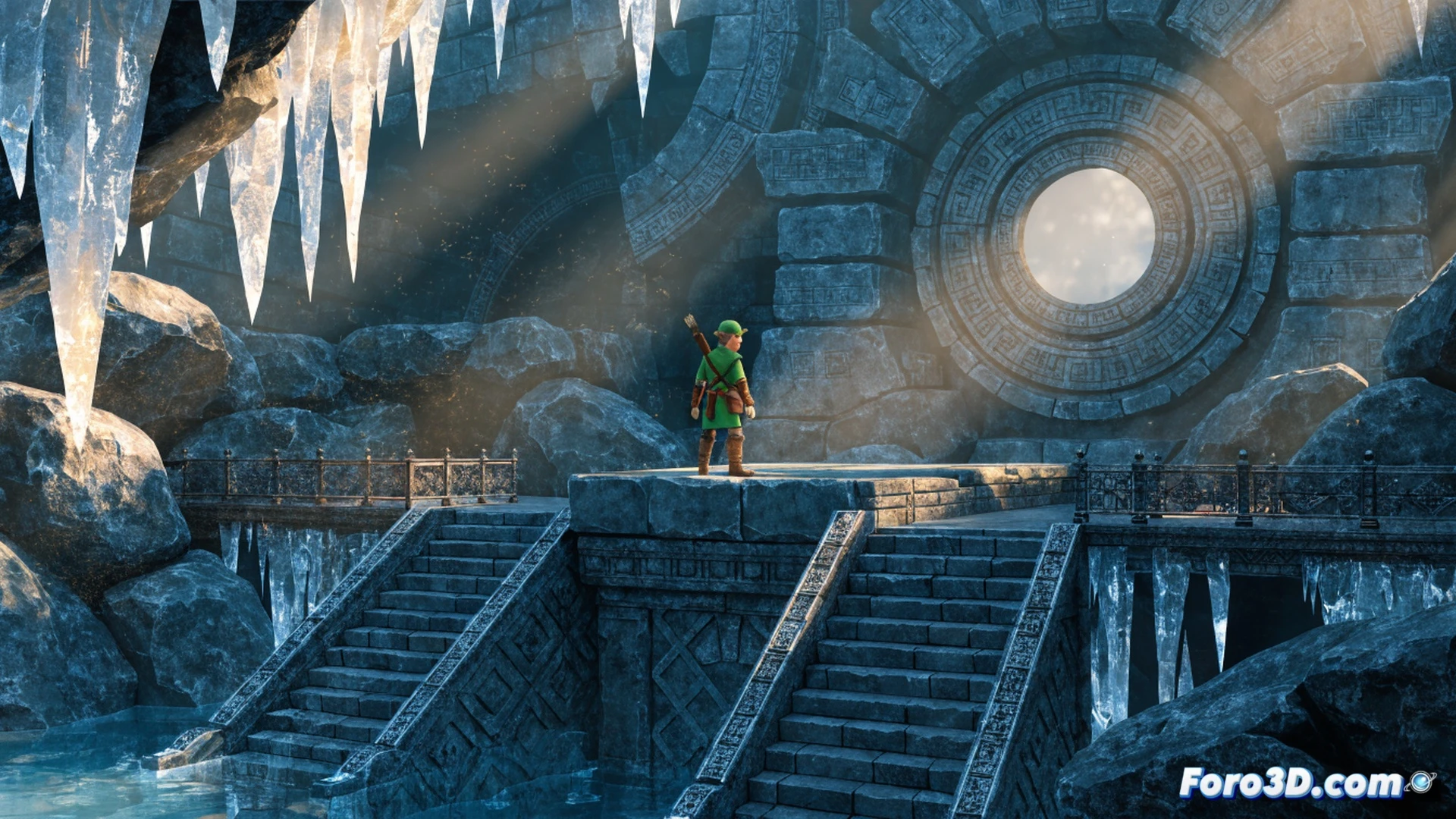 Nintendo Switch 2 console resting on a table, game cartridge labeled Zelda Ocarina of Time inserted, screen showing the Water Temple interior with water level rising, Link wearing iron boots submerged in shallow water, HUD interface highlighting a simplified boot-switching menu, water surface reflecting blue light, subtle UI change showing fewer steps to adjust water level, cinematic technical illustration, glossy plastic console texture, warm ambient lighting, clean minimalist background, photorealistic render, demonstrating smoother gameplay flow