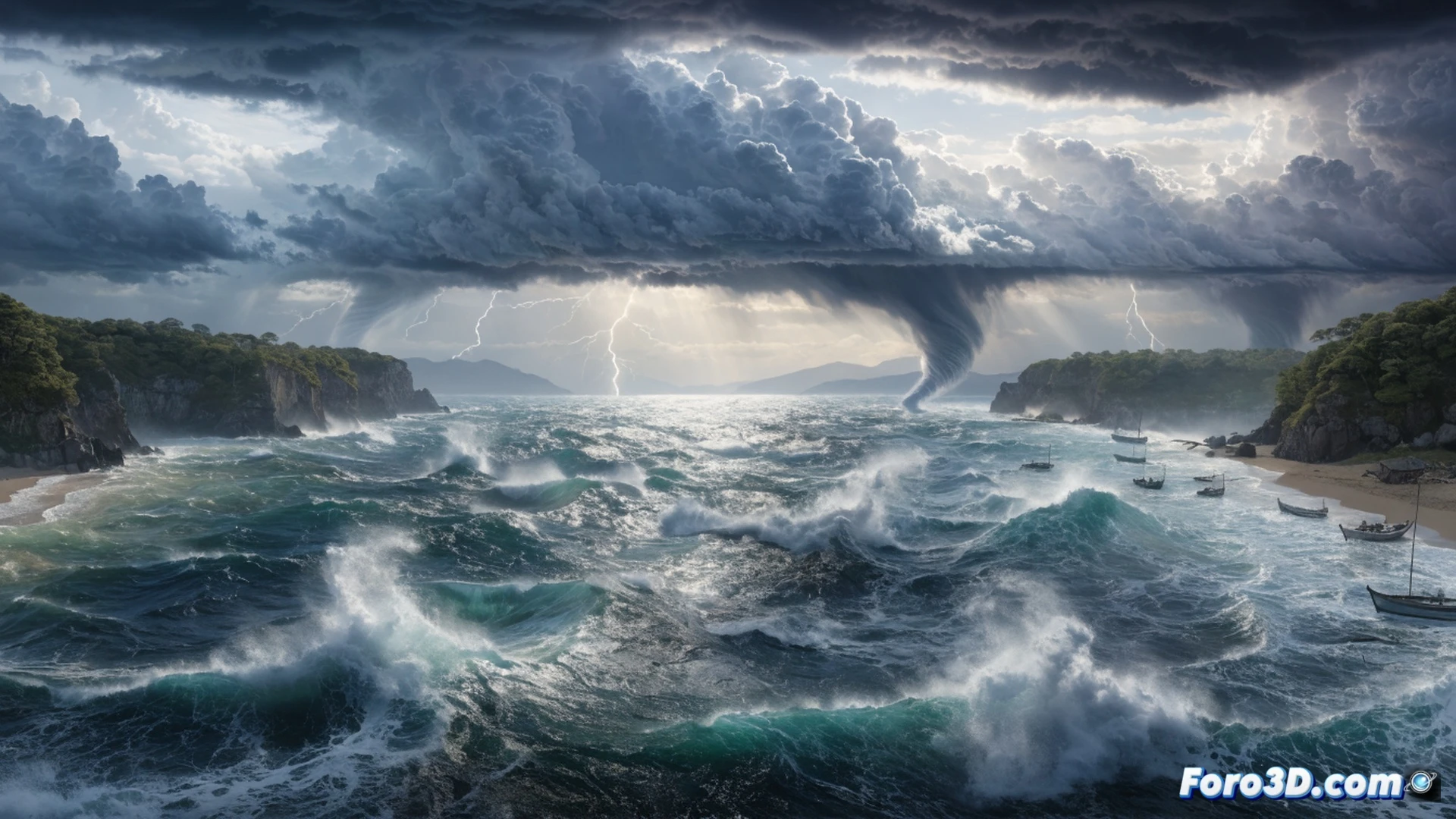 cinematic wide shot of a coastal fishing boat tossed by a towering wave, sea surface at 21°C shown as heat haze rising from glowing orange water, cracked dry fishing nets hanging from the boat, digital thermometer display embedded in a corroded metal gauge reading extreme heat, while a storm front with lightning approaches the shoreline, photorealistic environmental disaster visualization, dramatic overcast lighting, foam and spray particles flying, flooded coastal infrastructure visible in background, ultra-detailed ocean texture, hyperrealistic water simulation