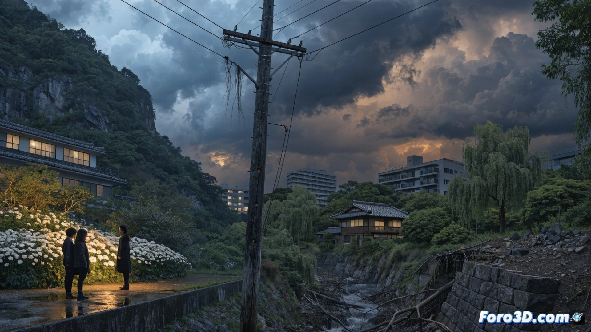 Photorealistic scene of Japanese residents at a memorial gathering in Chugoku region, eight years after deadly torrential rains, people placing flowers and lighting incense near a flood-damaged warning siren pole, a digital weather monitoring screen in background displaying extreme rainfall data and red alert symbols, water-soaked ground reflecting overcast sky, engineering rescue equipment like portable flood barriers and hydrological sensors placed nearby, community members holding umbrellas while pointing at a map of landslide-prone zones, cinematic somber lighting with muted blues and grays, ultra-detailed textures of wet asphalt and rusted metal, technical visualization of disaster prevention infrastructure.