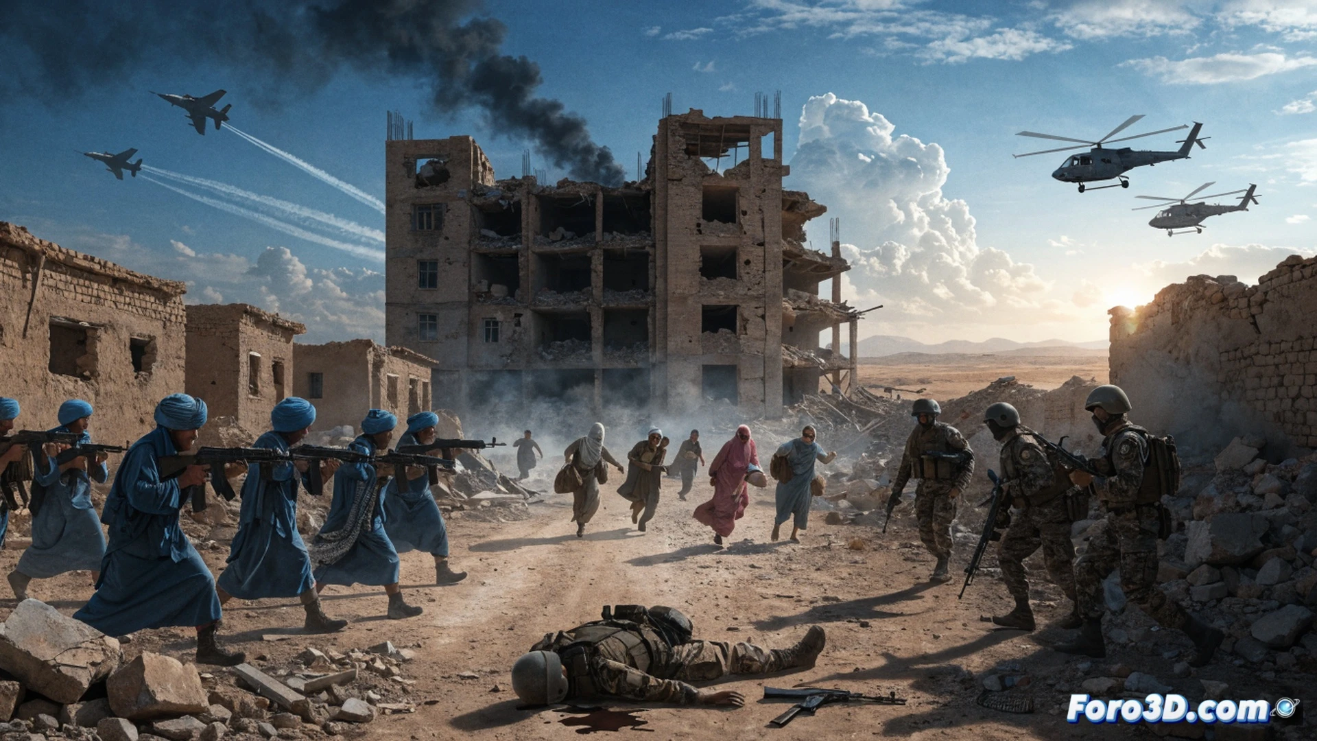 Sahelian desert combat scene during rebel offensive, military drone flying over dusty town with smoke rising from destroyed buildings, soldiers in tactical gear taking cover behind armored vehicle, Africa Corps mercenaries coordinating with Malian army using radio equipment, rebel fighters retreating across arid terrain, dust clouds from explosions, heat haze distorting horizon, photorealistic war photography style, dramatic golden hour lighting, tactical markers on digital map displayed on ruggedized tablet, Kalashnikov rifles with tactical attachments visible, cinematic action shot with motion blur