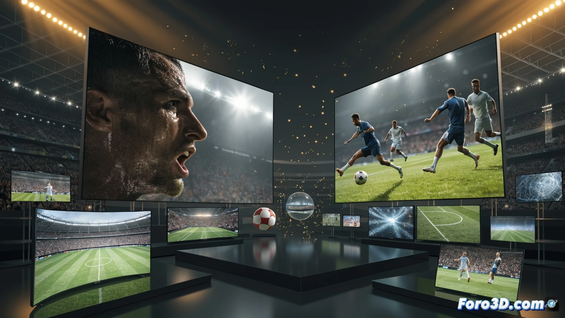 living room scene during a soccer match, a large 65-inch OLED TV mounted on a wall displaying a penalty kick action, a red price tag with discount symbol hanging from the TV side, a person standing nearby holding a TV remote while pointing at the screen, another person sitting on a sofa watching the game, modern interior with a coffee table and snack bowls, bright natural light coming through a window, photorealistic cinematic style, high contrast lighting, deep blacks and vibrant colors on the TV screen, detailed textures on furniture and electronics, ultra-realistic product advertisement atmosphere