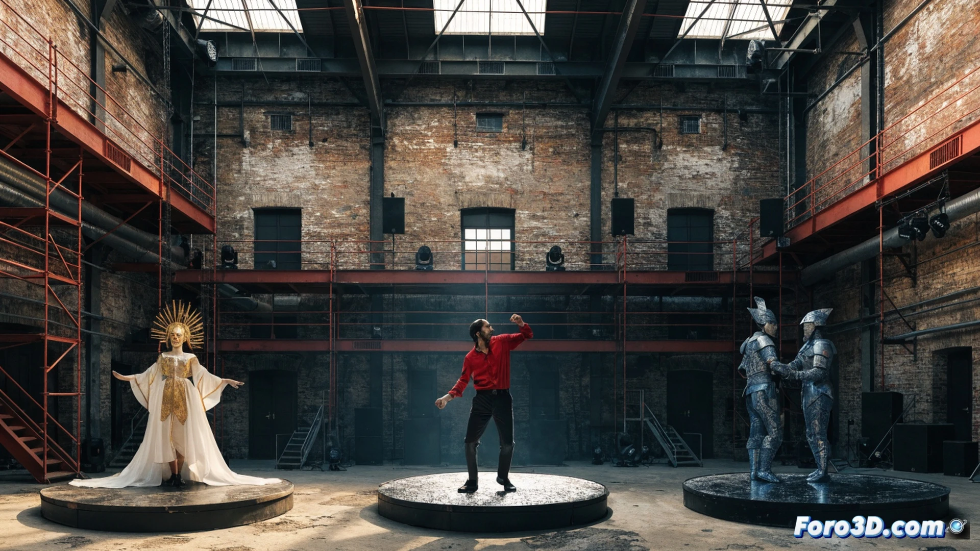 young singers performing micro-opera inside repurposed industrial factory space, exposed brick walls and steel beams surrounding a small wooden stage, three singers in modern minimalist costumes singing towards a mixed-age standing audience, theatrical lighting casting dramatic shadows on machinery remnants, a grand piano partially visible behind translucent fabric partitions, audience members holding mobile phones recording, acoustic panels hanging from ceiling, cinematic photorealistic style, warm amber and cool blue lighting contrast, dust particles illuminated in light beams, industrial heritage atmosphere merging with contemporary performance, ultra-detailed textures of worn factory floor and modern stage equipment
