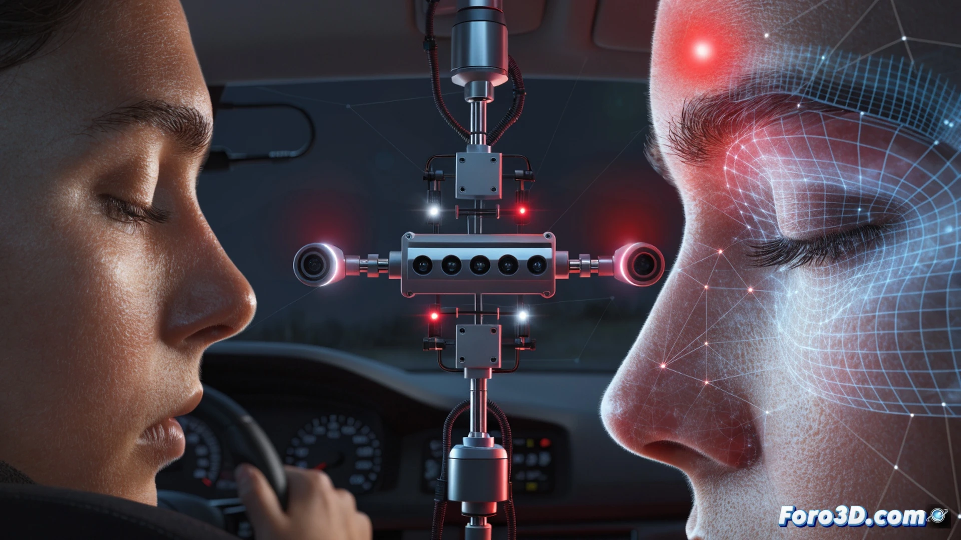 Compact infrared camera mounted on car dashboard, driver blinking slowly while head tilting forward, camera emitting subtle red infrared light scanning facial features, steering wheel vibrating with haptic pulses, alarm icon flashing on dashboard screen, cinematic photorealistic engineering visualization, dark cabin interior with blue ambient dashboard glow, sharp focus on driver eye movement and camera lens, dramatic safety-critical lighting, ultra-detailed automotive interior and sensor hardware