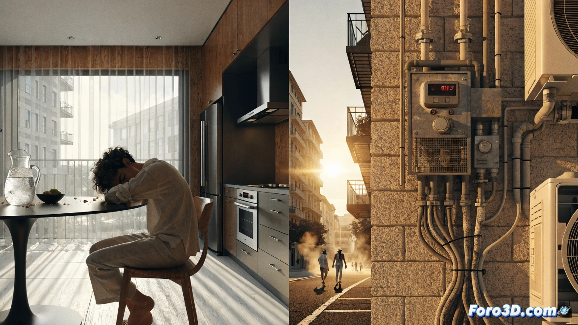 photorealistic wide-angle shot of a residential street in Spain during a heatwave, a digital thermostat on a wall displaying 44 degrees Celsius, elderly person fanning themselves under a shaded awning while a window air conditioning unit drips water onto the hot pavement, electricity meter spinning rapidly, cracked dry earth in a nearby garden, heat haze distorting the background sky, dramatic midday sun casting harsh shadows, ultra-detailed textures of peeling paint and melting asphalt, cinematic documentary style, intense orange and yellow color palette, technical illustration of climate impact