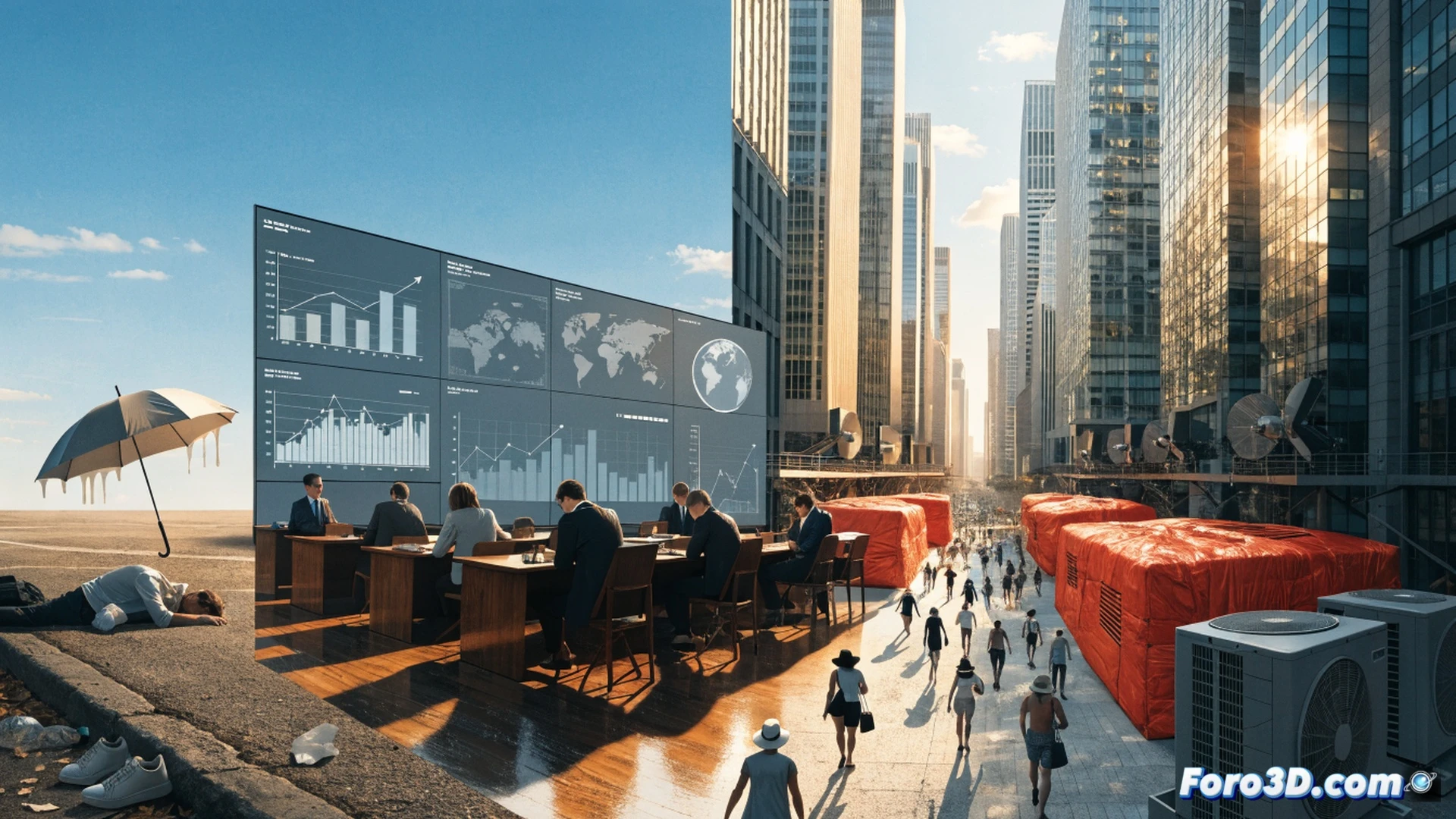 urban heat island crisis scene, asphalt street cracking under intense sun, thermometer on building facade showing extreme temperature, elderly person fanning themselves near empty public fountain, industrial smokestacks in background releasing dark smoke, solar panels on roof but no shade structures, cinematic photorealistic visualization, dramatic high-contrast lighting, heat haze distorting air above pavement, cracked dry earth in foreground, abandoned bicycle with melted tire, emergency cooling station sign with no entrance visible, technical urban climate documentation style, ultra-detailed environmental decay textures