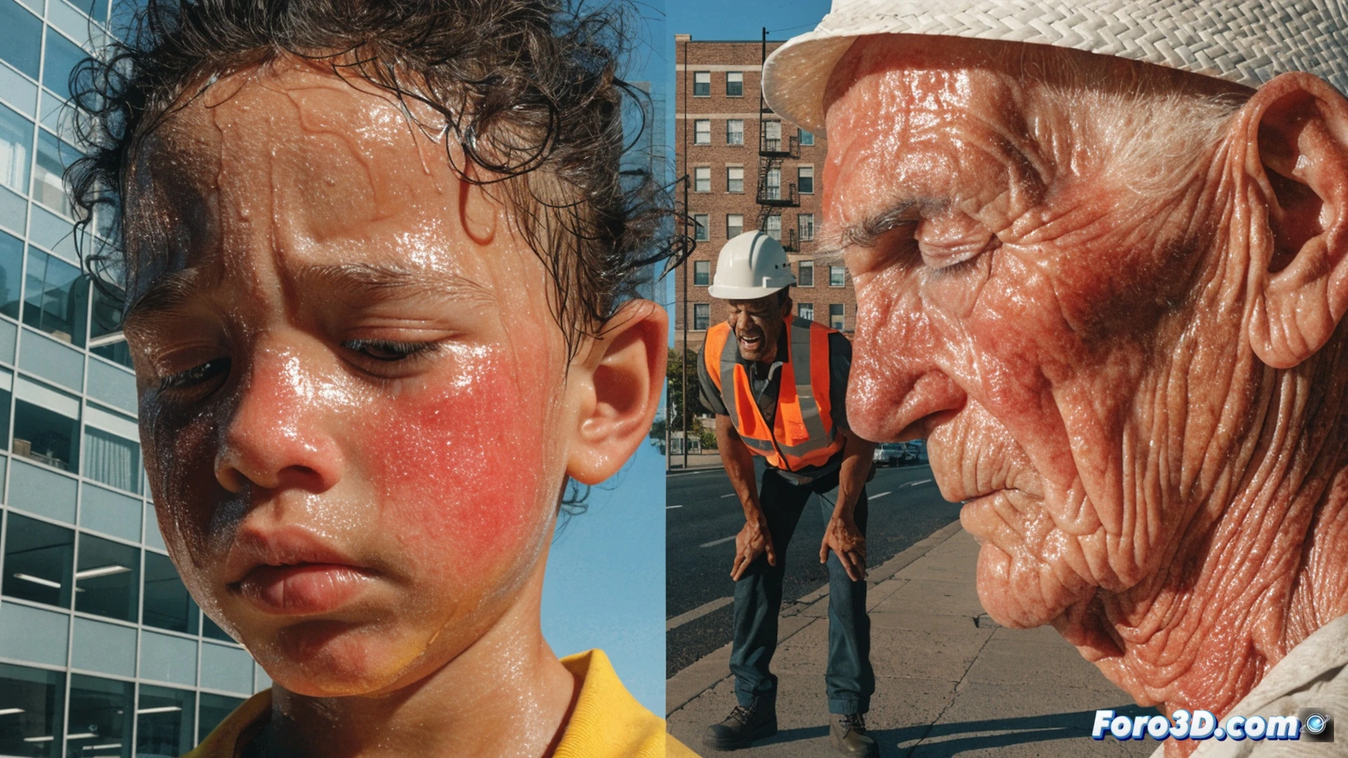 cinematic photorealistic scene of a construction worker collapsing on sun-baked asphalt, sweat droplets evaporating instantly on red-hot skin, heat haze distorting the air, digital thermometer embedded in hard hat showing 48°C, heart monitor on chest strap flatlining with red warning glow, elderly person slumped on park bench in background, children gasping near empty water fountain, cracked earth beneath, industrial cooling towers in distance with steam rising, dramatic golden-orange sunset lighting, ultra-detailed skin texture, medical emergency realism, hyperrealistic environmental distress