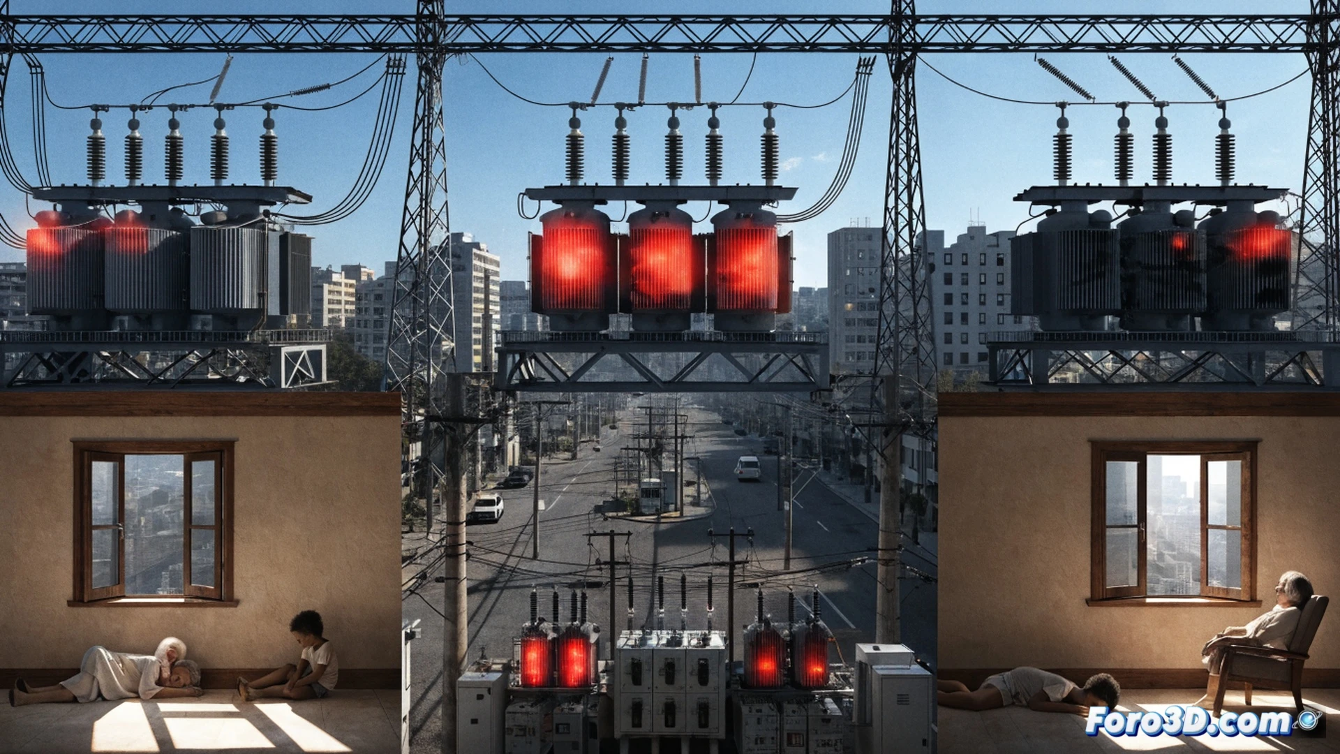 photorealistic technical illustration of an urban power grid during extreme heatwave, overhead electrical cables visibly sagging under intense sun, transformer station with smoke rising from overheating components, digital demand gauge showing red overload, air conditioning units on buildings running at maximum, cracked asphalt road reflecting heat waves, emergency workers in reflective vests inspecting damaged electrical panel, cinematic lighting with harsh sunlight and heat haze, industrial orange sky, ultra-detailed power infrastructure, realistic thermal distortion effects, engineering visualization style
