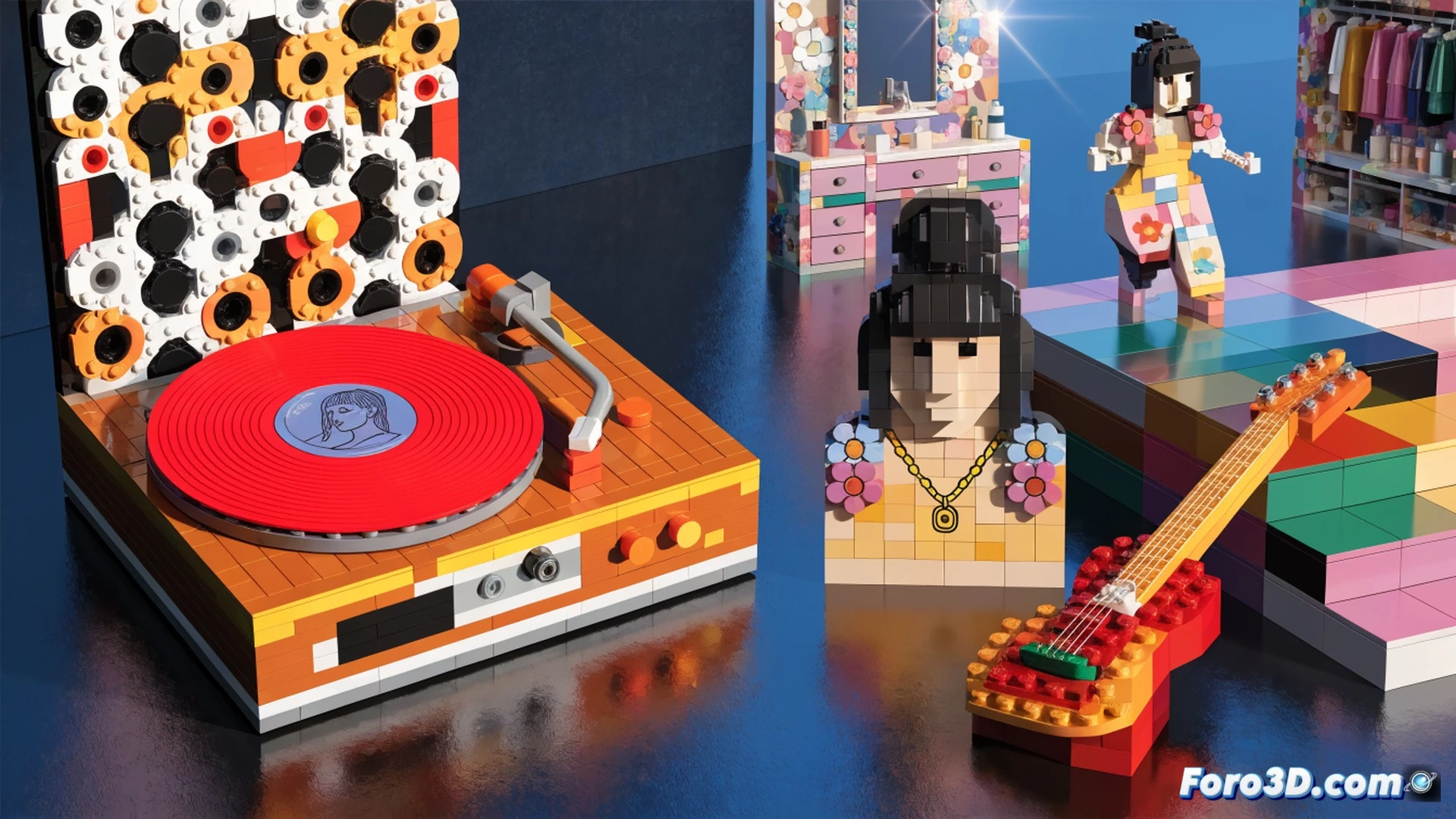 Tocadiscos Lego en proceso de construcción, manos parcialmente visibles colocando engranajes y piezas translúcidas rosas, luces LED miniatura iluminando un vinilo oculto con relieve de notas musicales, mientras una guitarra Lego desmontada muestra cuerdas de nailon tensadas sobre un cuerpo de ladrillos, herramientas de precisión dispersas, fondo de estudio con sombras suaves, estilo fotorealista cinematográfico, texturas de plástico brillante y metal mate, ángulo picado dramático.