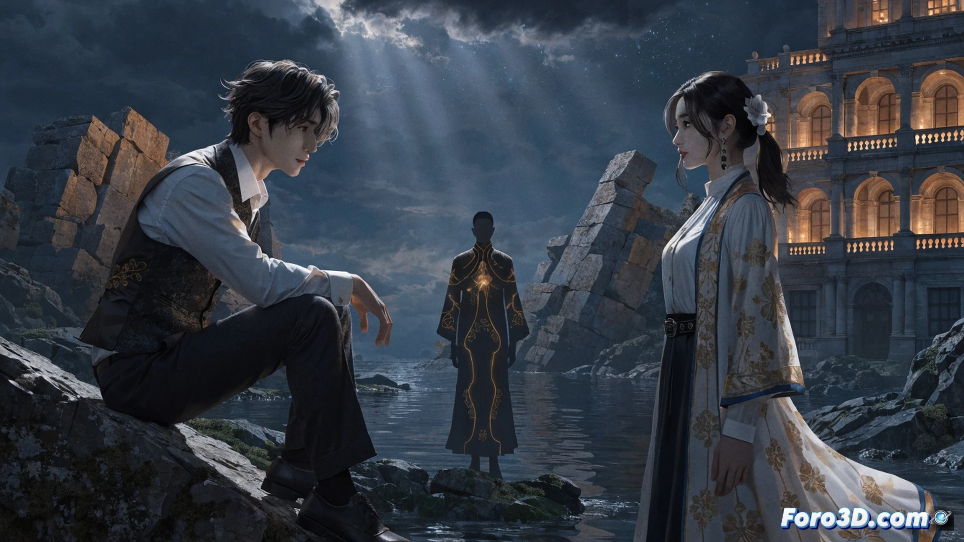 island coastline at sunset, young couple standing on cliff edge looking at distant ship arriving, traditional Japanese shrine gate in background, cherry blossom petals blowing across scene, handheld Nintendo Switch console resting on stone railing next to them, screen displaying character dialogue interface with choice options, visual novel art style with cel-shaded characters, soft warm lighting, gentle ocean waves below, birds flying in golden sky, cinematic romantic atmosphere, detailed foliage and traditional architecture, photorealistic game art render