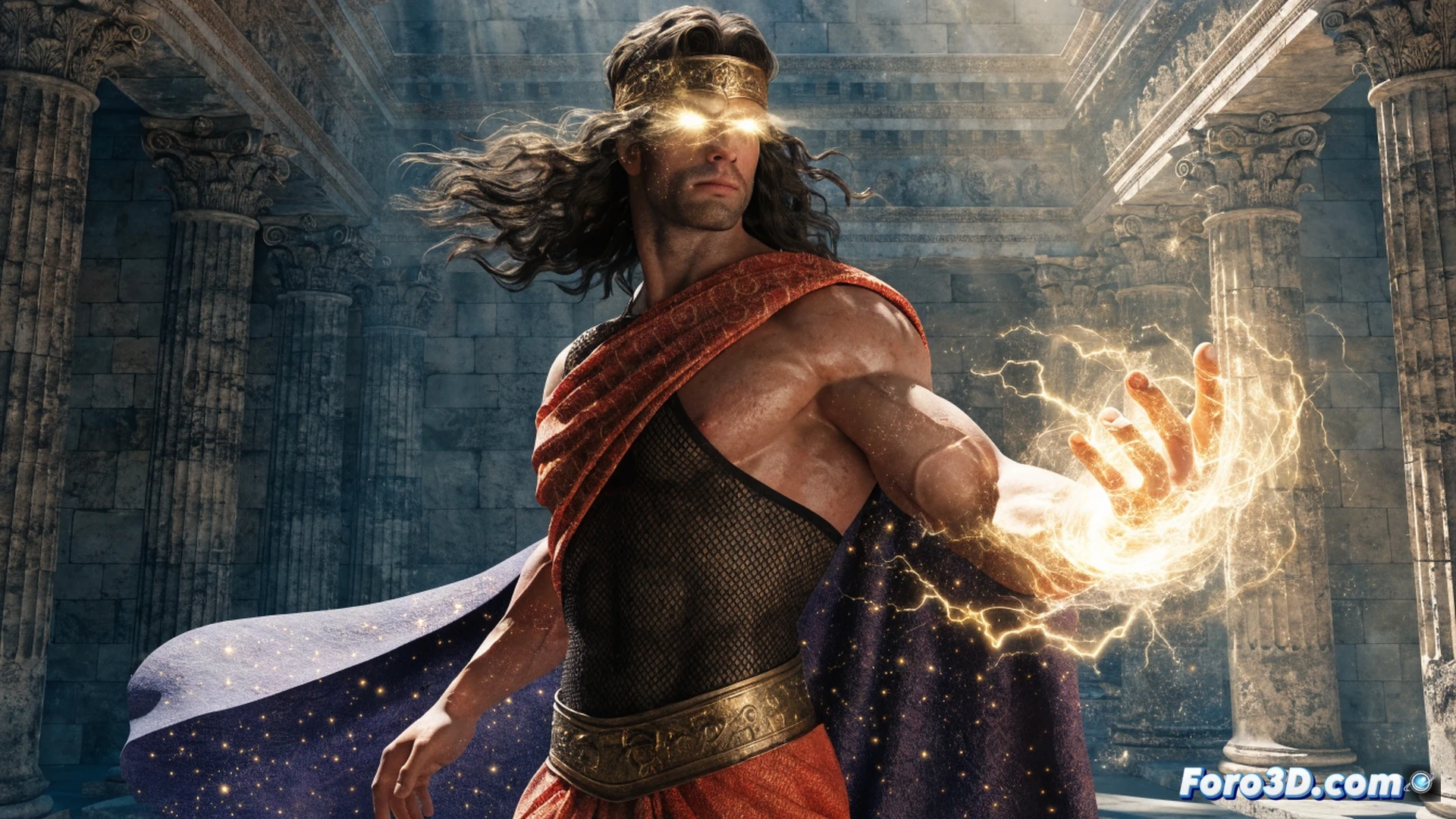 Olympian hero mid-leap in a dark forgotten storage room, glowing blue energy trailing from his clenched fists, vintage comic pages and dusty sketchbooks scattered on a wooden table, a cracked tablet displaying abandoned character concept art, neon light strips flickering overhead, cinematic comic-book style, dramatic shadows, metallic armor with Greek key patterns, motion blur on his cape, photorealistic render with cel-shaded accents, dust particles suspended in shaft of light, 8k detail, epic low-angle shot