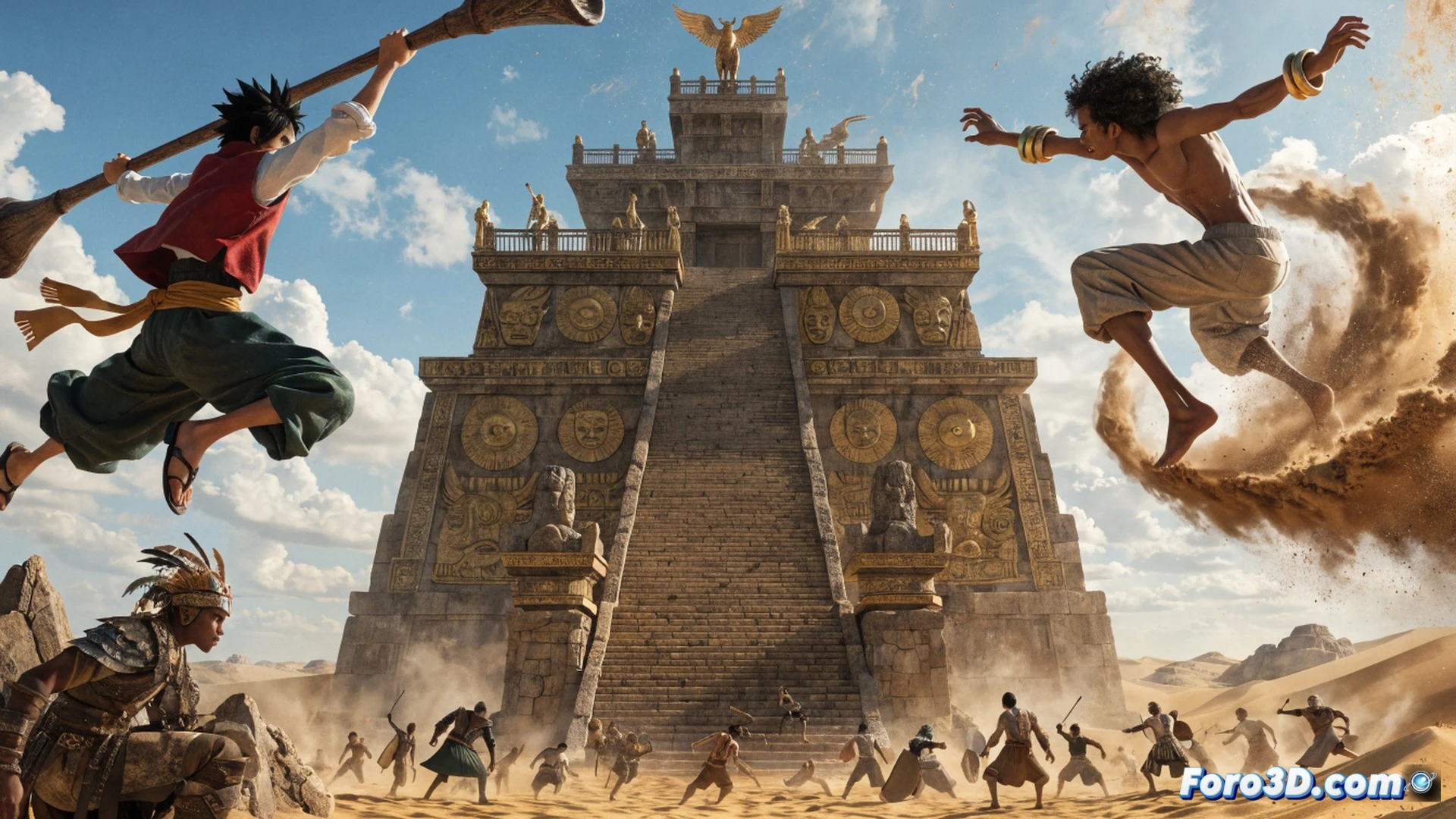 Espectacular reino desértico de Alabasta durante el rodaje de acción, gran set de piedra arenisca iluminado por reflectores cinematográficos, cámara Arri Alexa montada en brazo Steadicam mientras actores realizan coreografía de lucha con espadas, mangas de viento levantando nubes de arena, polvo impactando sobre cascos metálicos y armaduras decorativas, fondo de palacio de inspiración árabe con toldos ondeando, cinematic photorealistic rendering, iluminación cálida de atardecer, texturas granuladas de desierto, movimiento congelado en pose de combate, sombras dramáticas, detalle de fibra óptica en cables de cámara, estilo visual de making-of técnico.