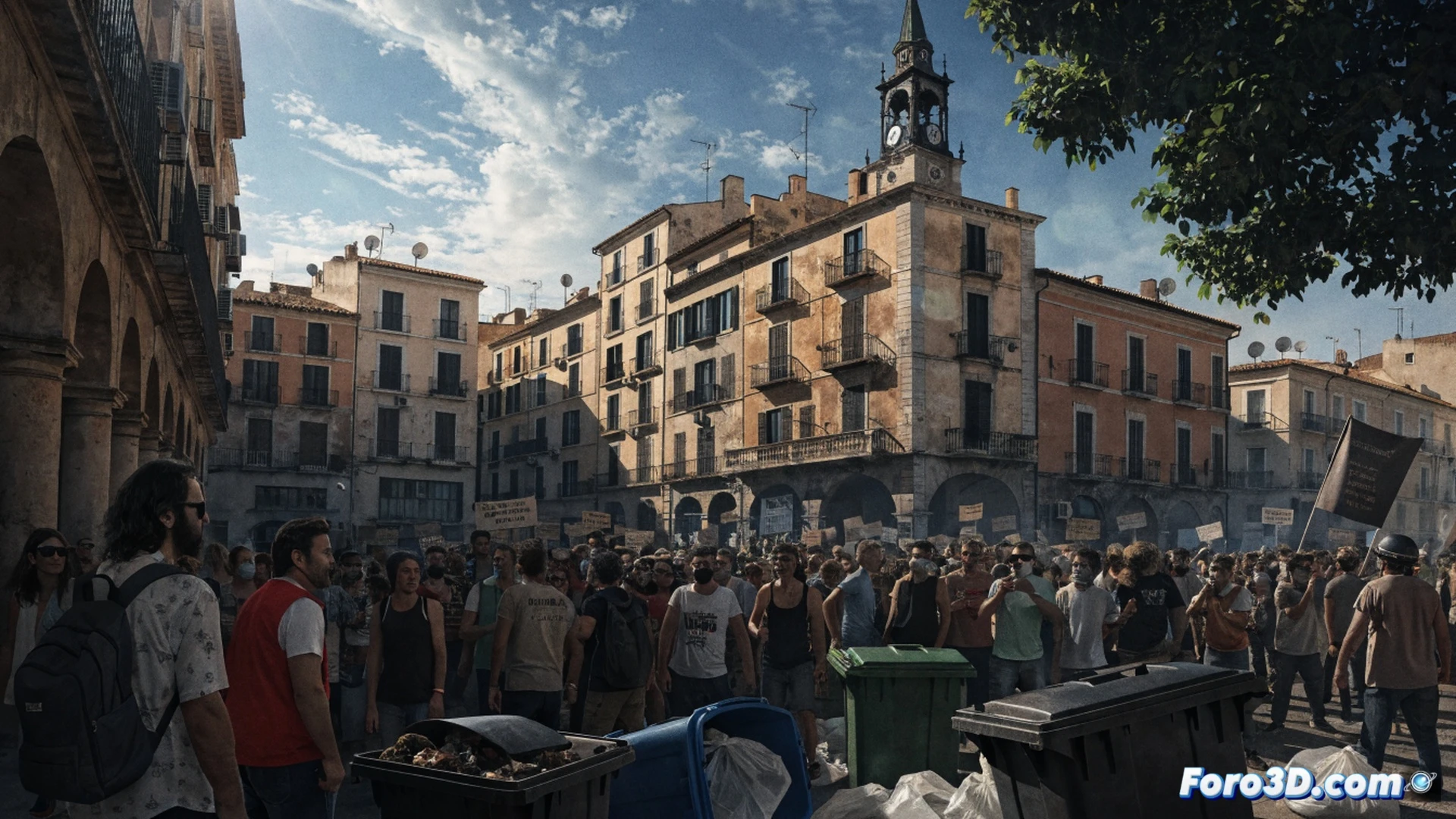 Vecinos de Ontinyent protestando en una calle residencial al atardecer, sosteniendo carteles de reciclaje y bolsas de basura etiquetadas, mientras un camión de recogida puerta a puerta con compartimentos separados para orgánico, plástico y papel muestra el proceso de selección, un cronograma digital iluminado en la acera indica horarios específicos, vecinos discutiendo frente a contenedores abiertos, estilo cinematográfico fotorrealista, iluminación dramática con luces de calle y sombras alargadas, texturas detalladas de asfalto y plástico, atmósfera de tensión comunitaria.