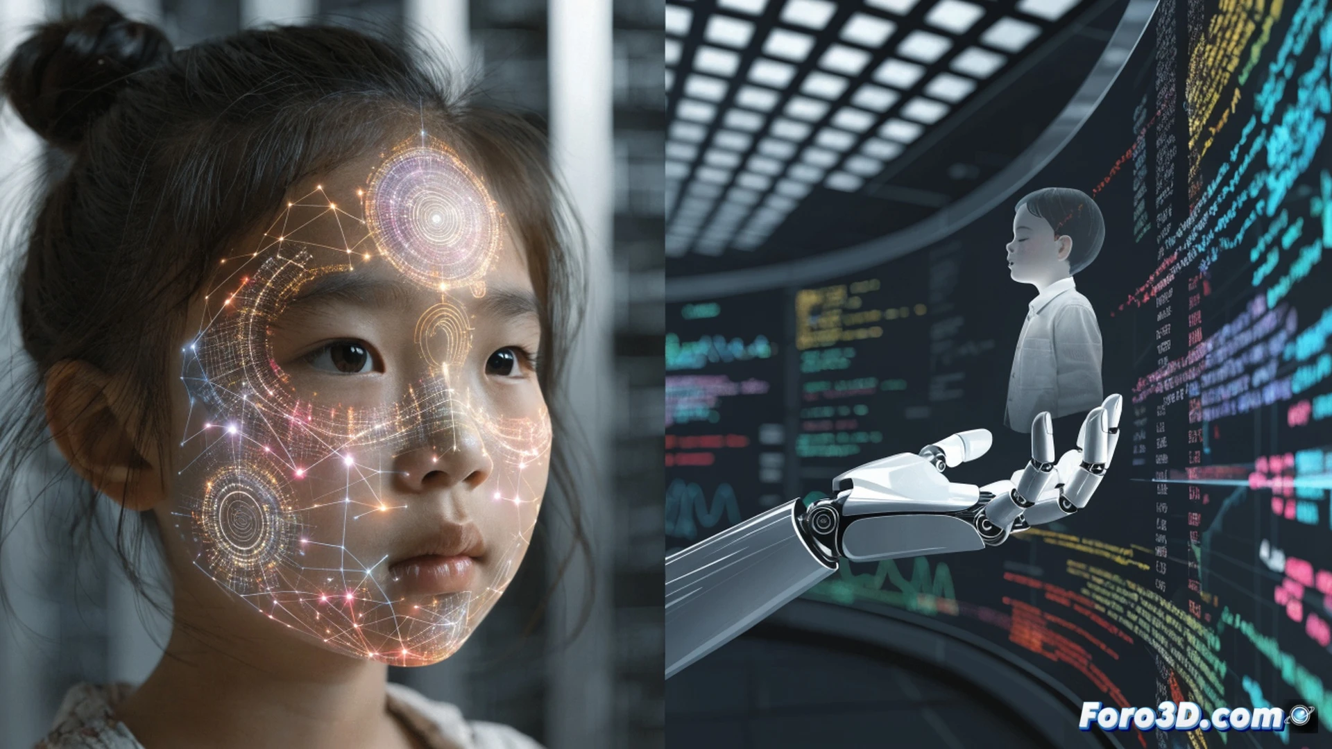 Global authority figure standing at a podium, holographic shield projection forming around a child silhouette, glowing AI neural network nodes being inspected by robotic arms with magnifying lenses, digital safety locks snapping onto data streams, dark blue united nations chamber background, cinematic photorealistic visualization, dramatic spotlight from above, metallic interfaces with error warnings, protective barrier showing hexagonal patterns, realistic lighting on polished surfaces, ultra-detailed technical illustration style