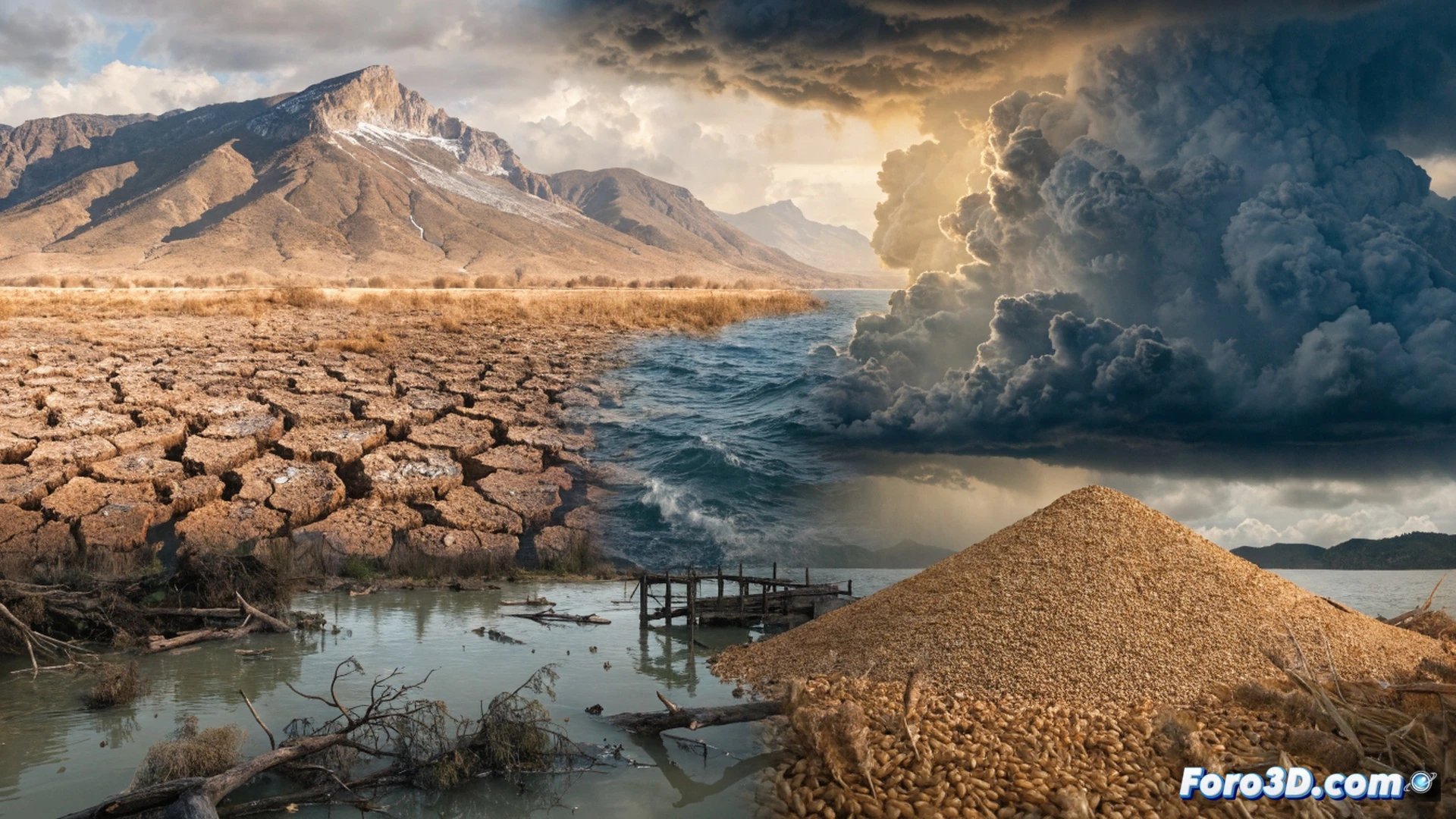 aerial view of cracked dry earth farmland in sub-Saharan Africa, desperate farmers examining withered maize stalks, empty water wells in background, distant storm clouds over parched riverbed, UN relief trucks arriving with water containers and food aid packages, workers unloading emergency supplies, children carrying jerrycans, cinematic photorealistic style, dramatic overcast lighting, golden hour shadows, dust particles in air, wide angle lens capturing scale of drought, hyperrealistic textures, humanitarian crisis documentary aesthetic