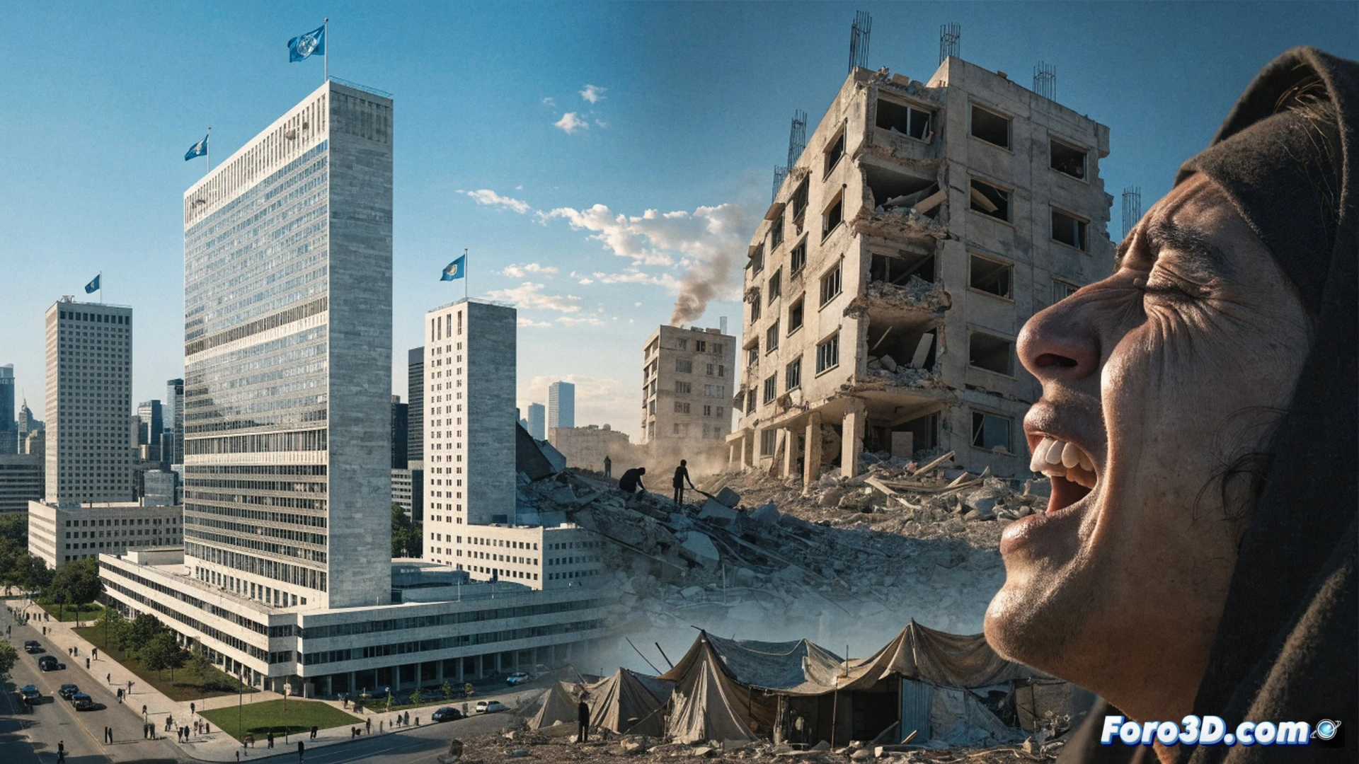 Aerial view of a collapsed concrete building in Gaza, UNRWA medical tent pitched among rubble, a solar-powered water pump connected to a damaged pipe, medical supply boxes marked with red crescent stacked beside a broken wall, a bulldozer clearing debris in the background, dust and smoke haze, photorealistic cinematic illustration, dramatic overcast lighting, deep shadows, cracked asphalt road, scattered rebar protruding from concrete slabs, urgent humanitarian scene, wide-angle lens perspective, hyper-detailed urban destruction textures