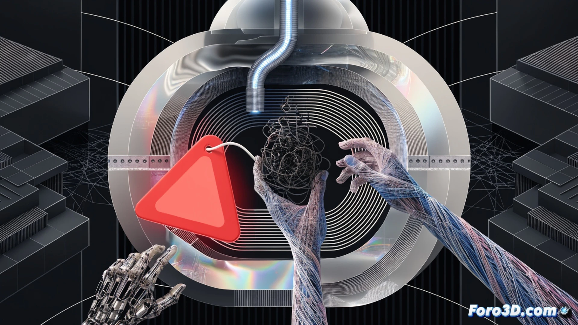 laptop screen showing a red warning icon over a malicious code block, cursor hovering over a paste command, user hand mid-action pausing before clicking, browser interface with Opera logo, glowing alert symbol, broken chain link graphic representing blocked clipboard attack, dark mode UI, cinematic cybersecurity visualization, blue and red dramatic lighting, photorealistic technical illustration, ultra-detailed screen pixels and keyboard reflections, tense moment of prevention