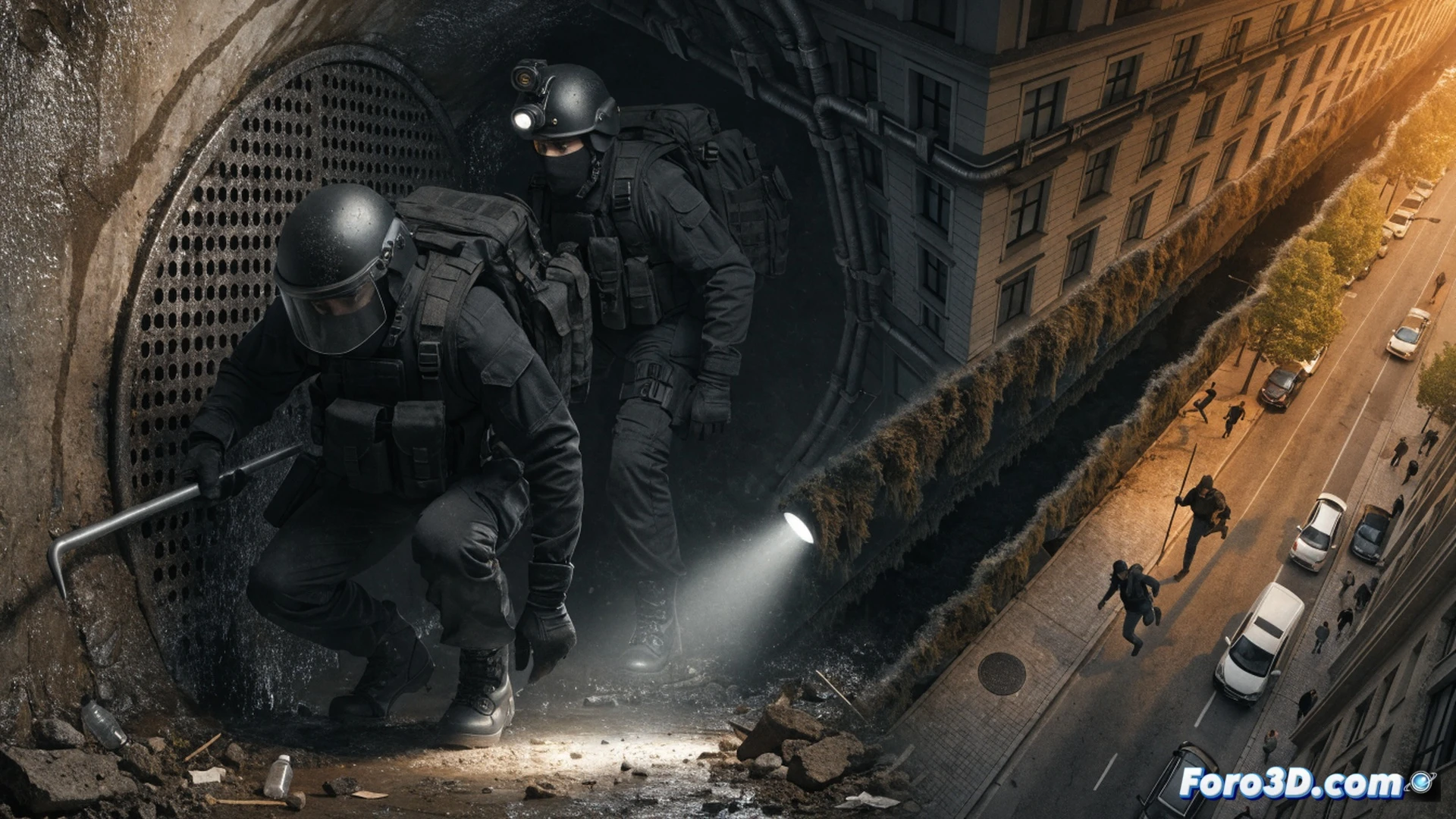 policía nacional irrumpiendo en alcantarilla urbana durante la noche, linternas tácticas iluminando conductos subterráneos, agentes con equipo táctico asegurando la salida, herramientas de demolición como martillos neumáticos y barras de palanca junto a rejillas metálicas levantadas, comerciantes observando desde la acera con alivio visible, escaparates intactos de tiendas con sistemas de alarma LED parpadeando, calles del barrio Las Delicias con pavimento mojado reflejando luces de patrullas, estilo cinematográfico realista con iluminación dramática azul y naranja, alto contraste, textura de ladrillo y asfalto detallada, profundidad de campo amplia, atmósfera de operación nocturna exitosa
